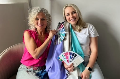 12 Season Color Analyst Kerry Jones with Cool Summer Danielle Burton holding Indigo Tones and House of Colour Swatch Books