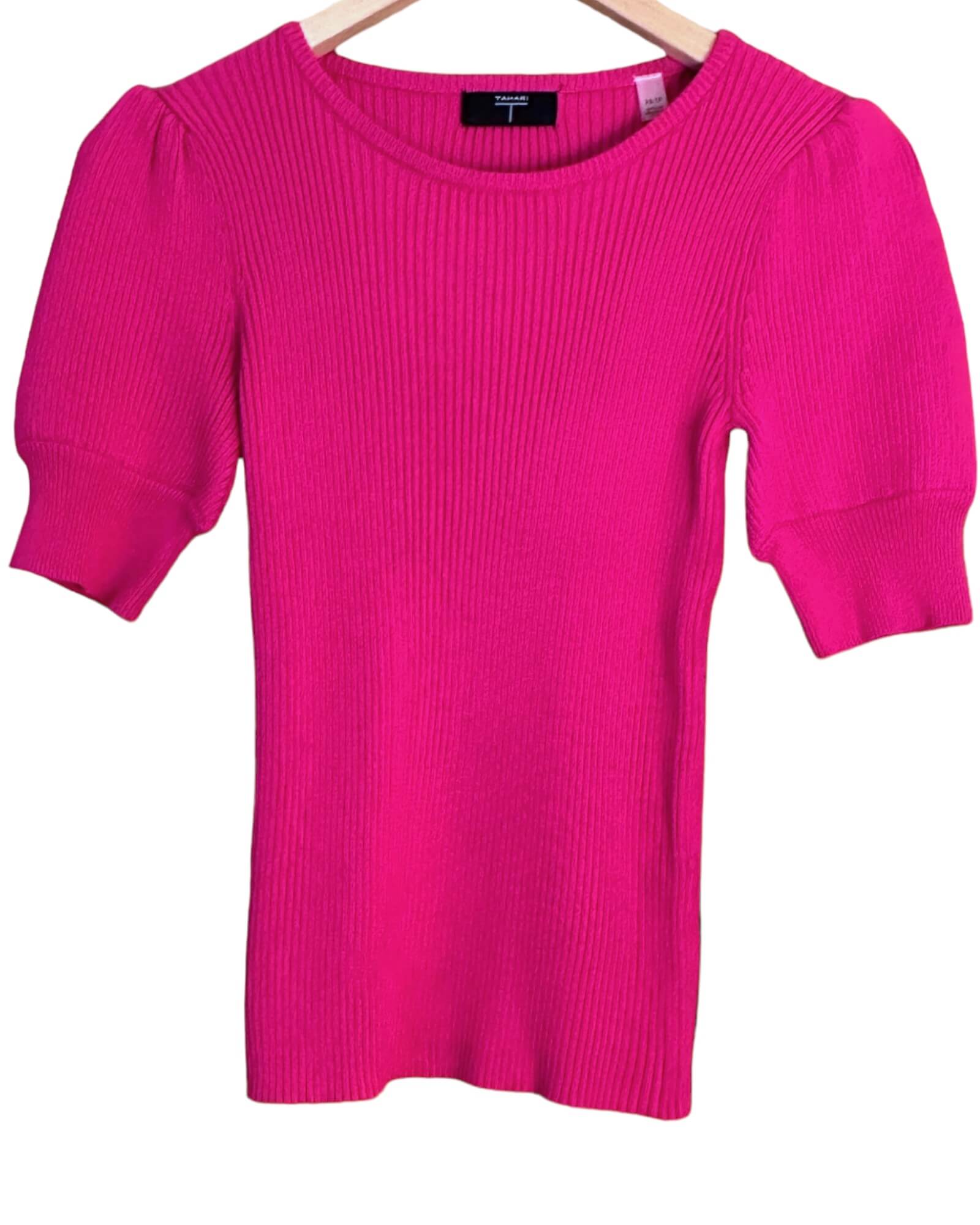 Bright Sprint T.TAHARI fascia pink lantern sleeve rip knit pullover sweater