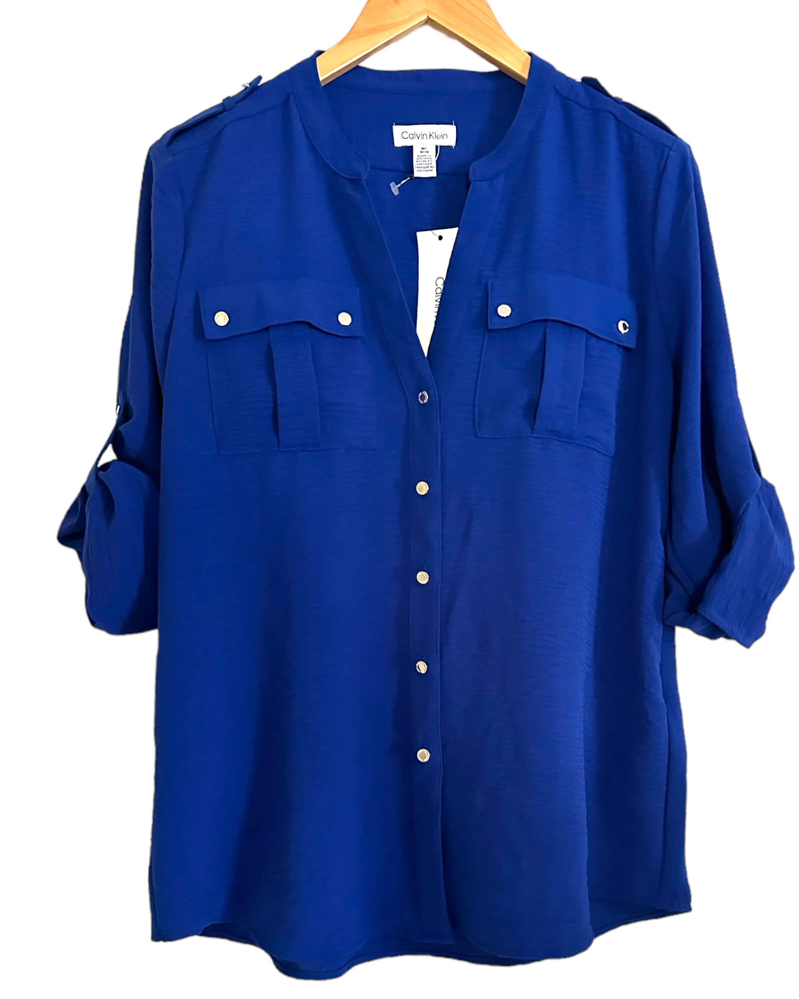 Bright Winter CALVIN KLEIN cobalt blue tab sleeve button down blouse