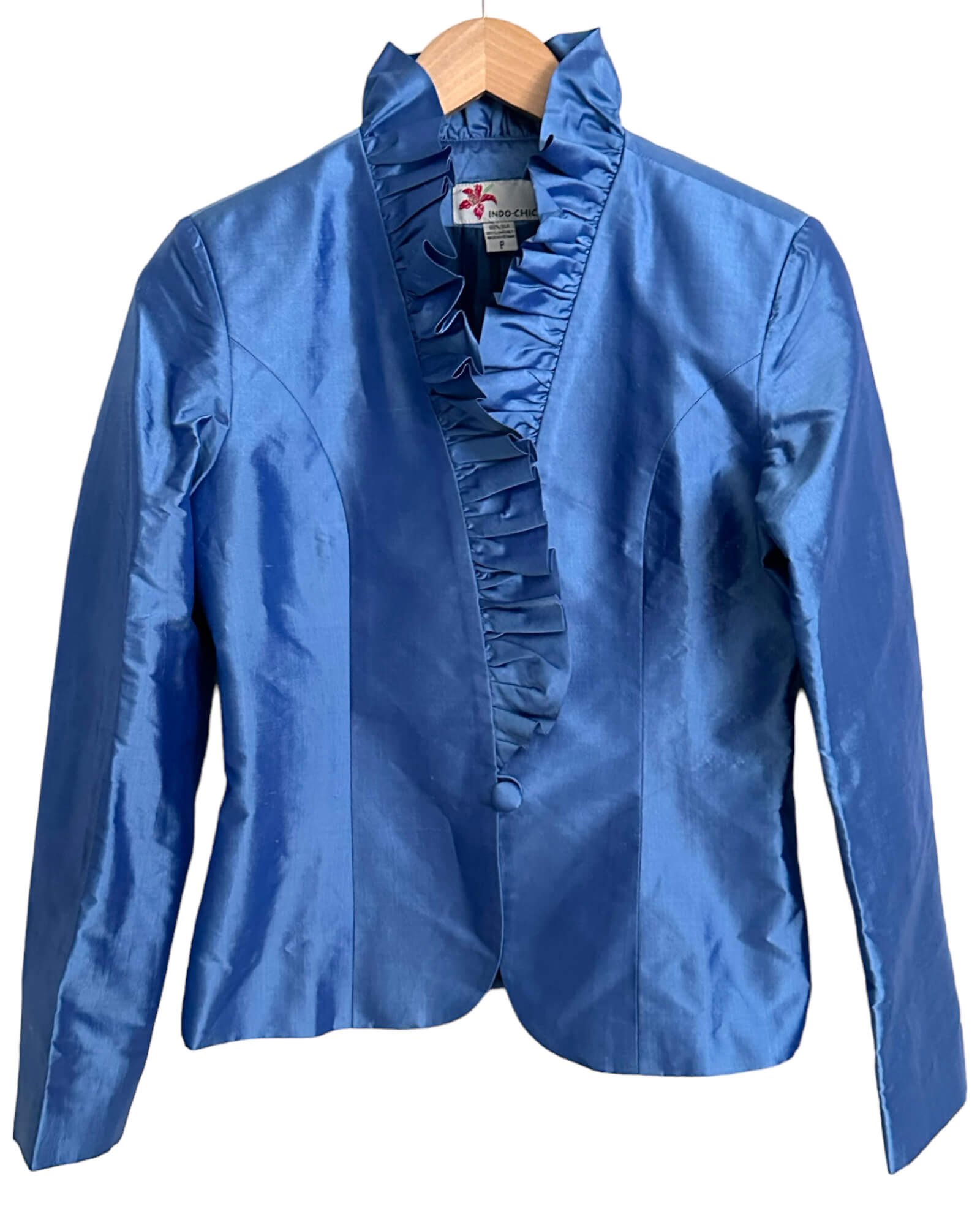 Cool Summer INDO-CHIC crushed silk ruffle jacket bluebell blue