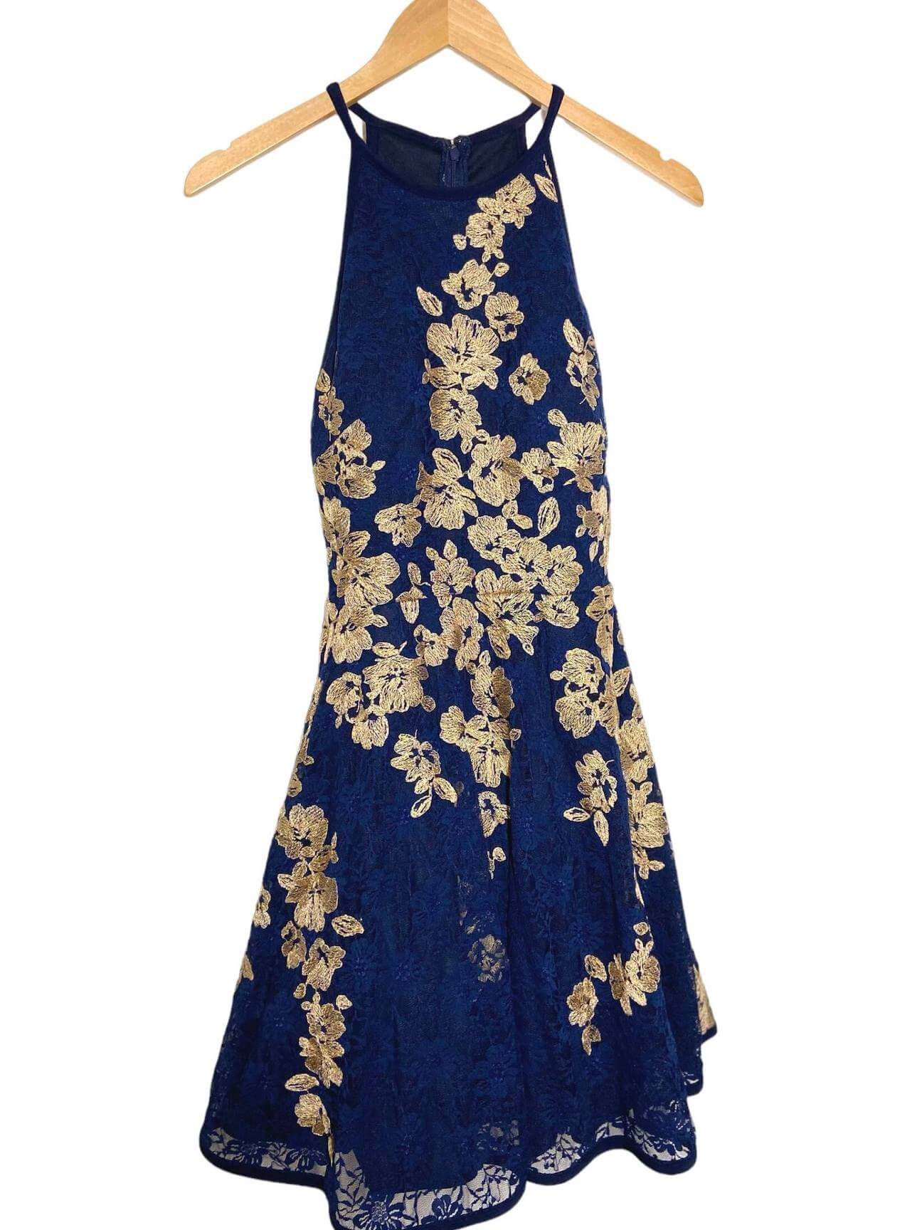 Dark Autumn XSCAPE navy and gold floral embroidered lace halter dress