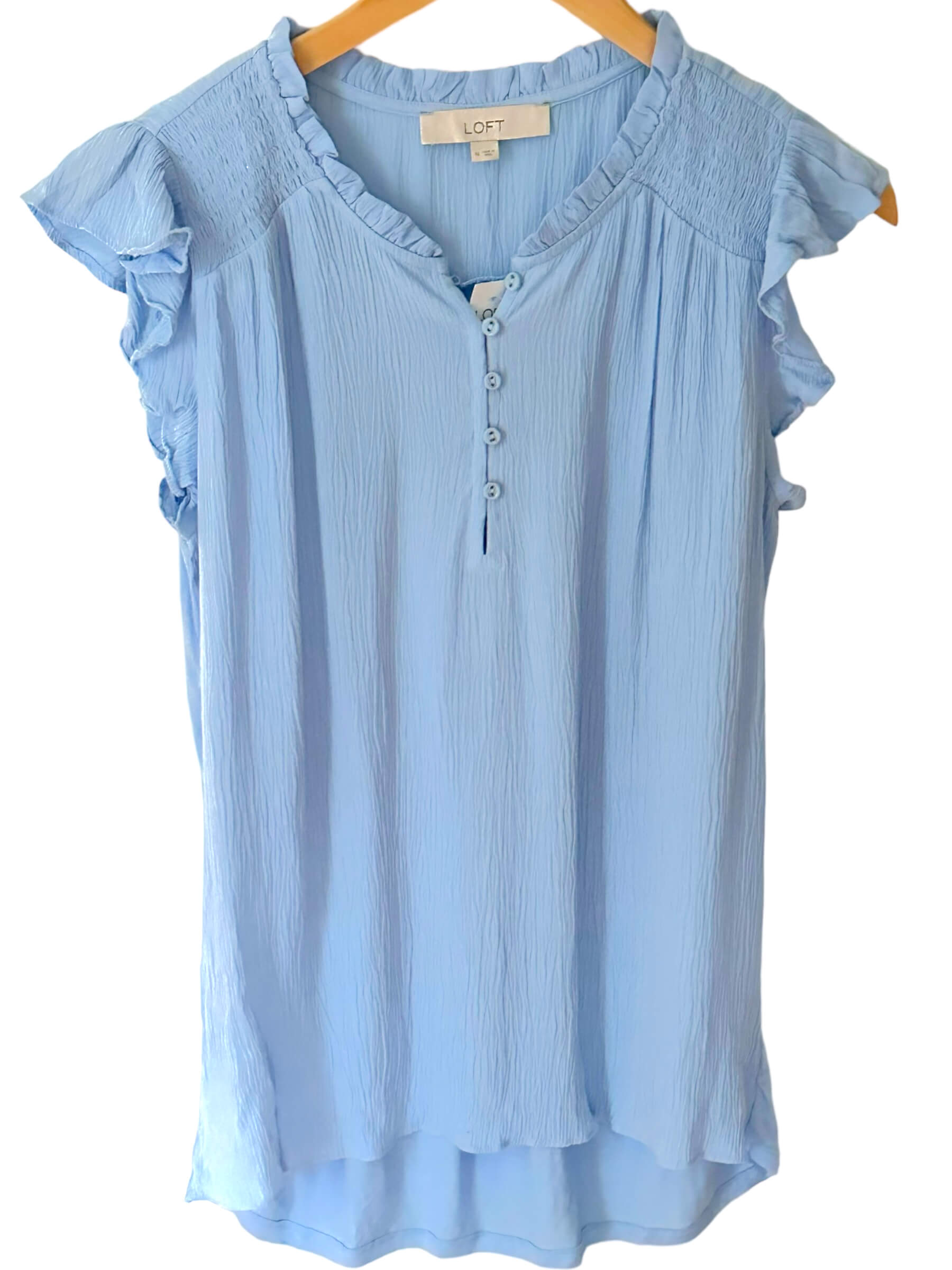 Soft Summer ANN TAYLOR LOFT  breezy blue sleeveless ruffle button mixed media top