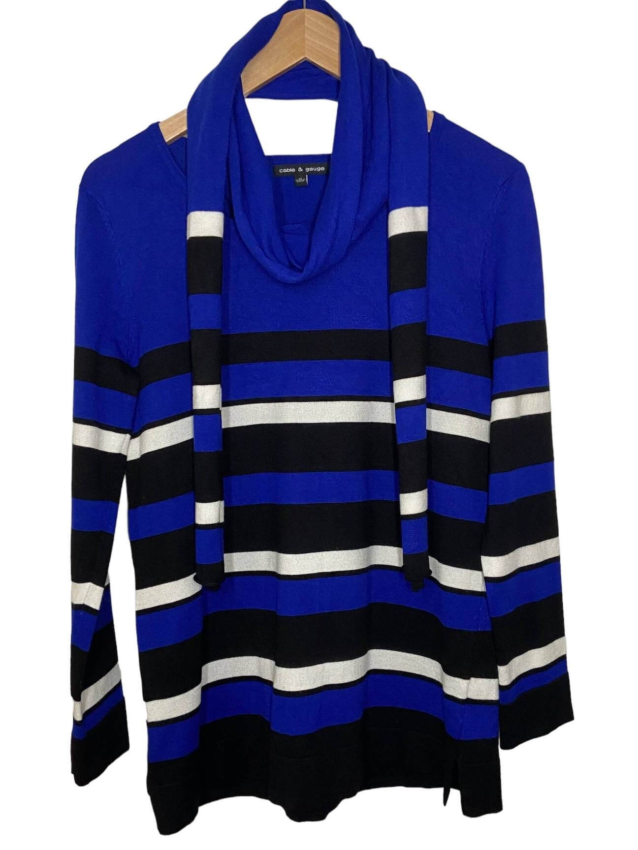 Bright Winter CABLE & GAUGE blue white black stripe sweater scarf