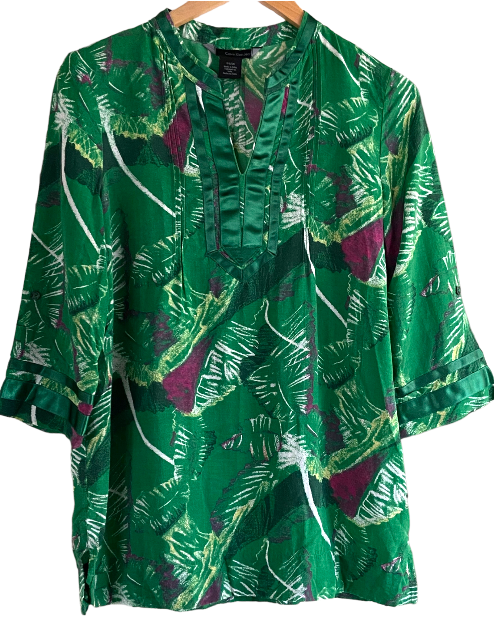 Dark Winter CALVIN KLEIN green tropical print ribbon tunic top