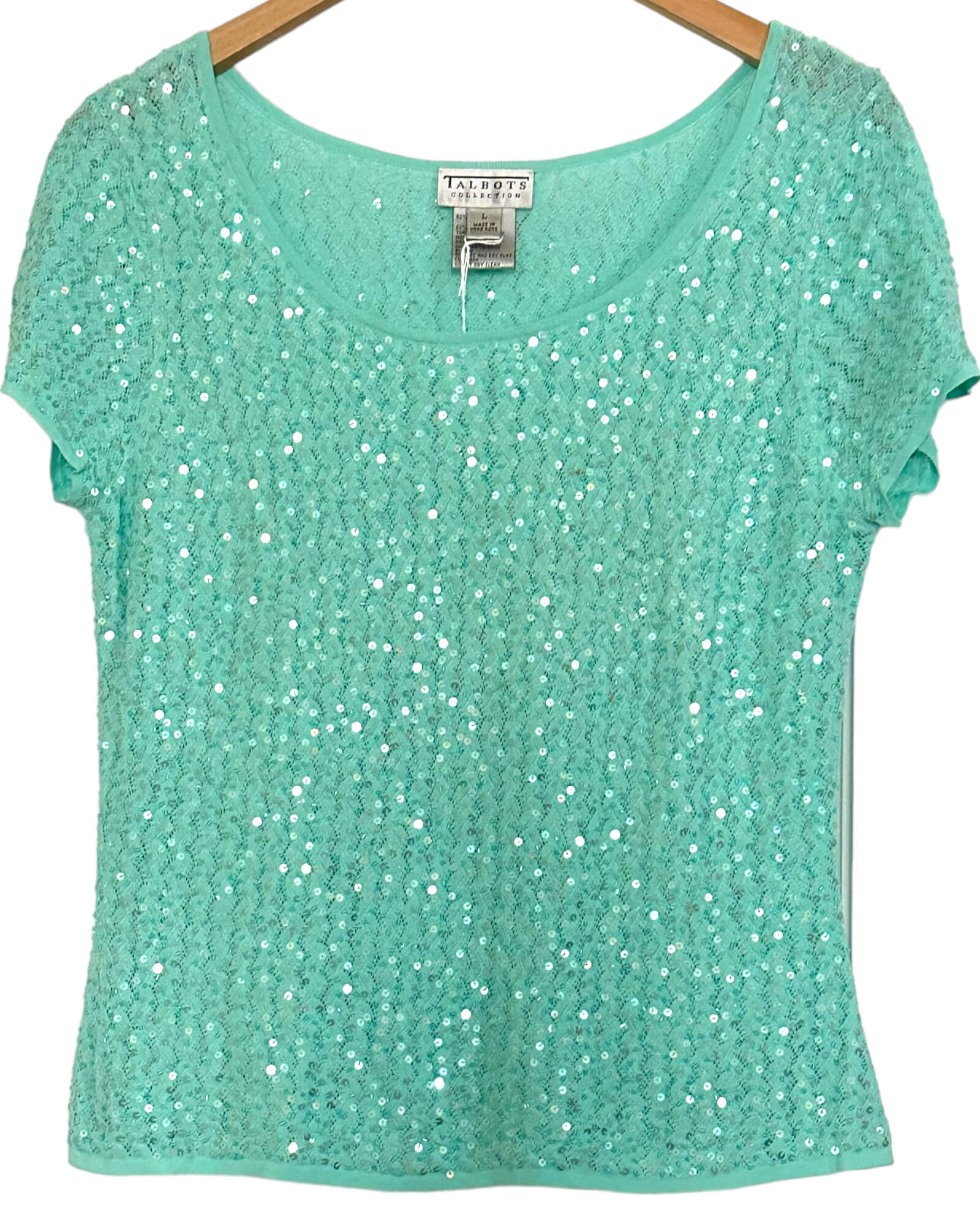 Light Spring TALBOTS undine green sequin lace knit top