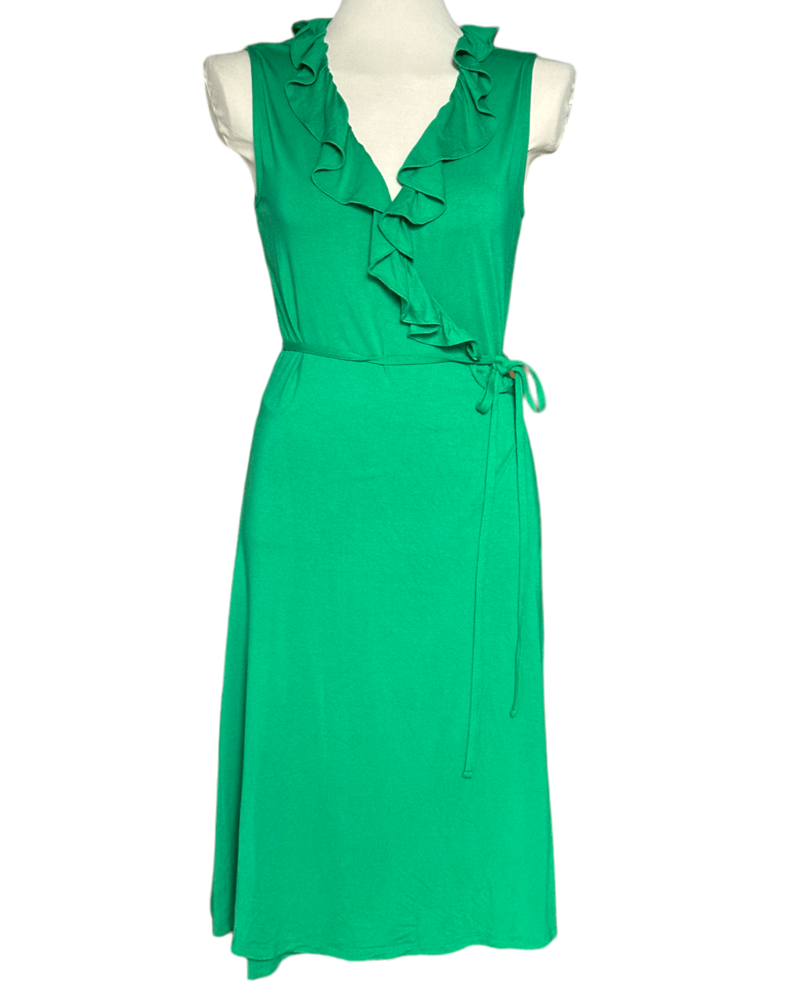 Bright Spring BODEN shamrock green sleeveless jersey ruffle wrap dress