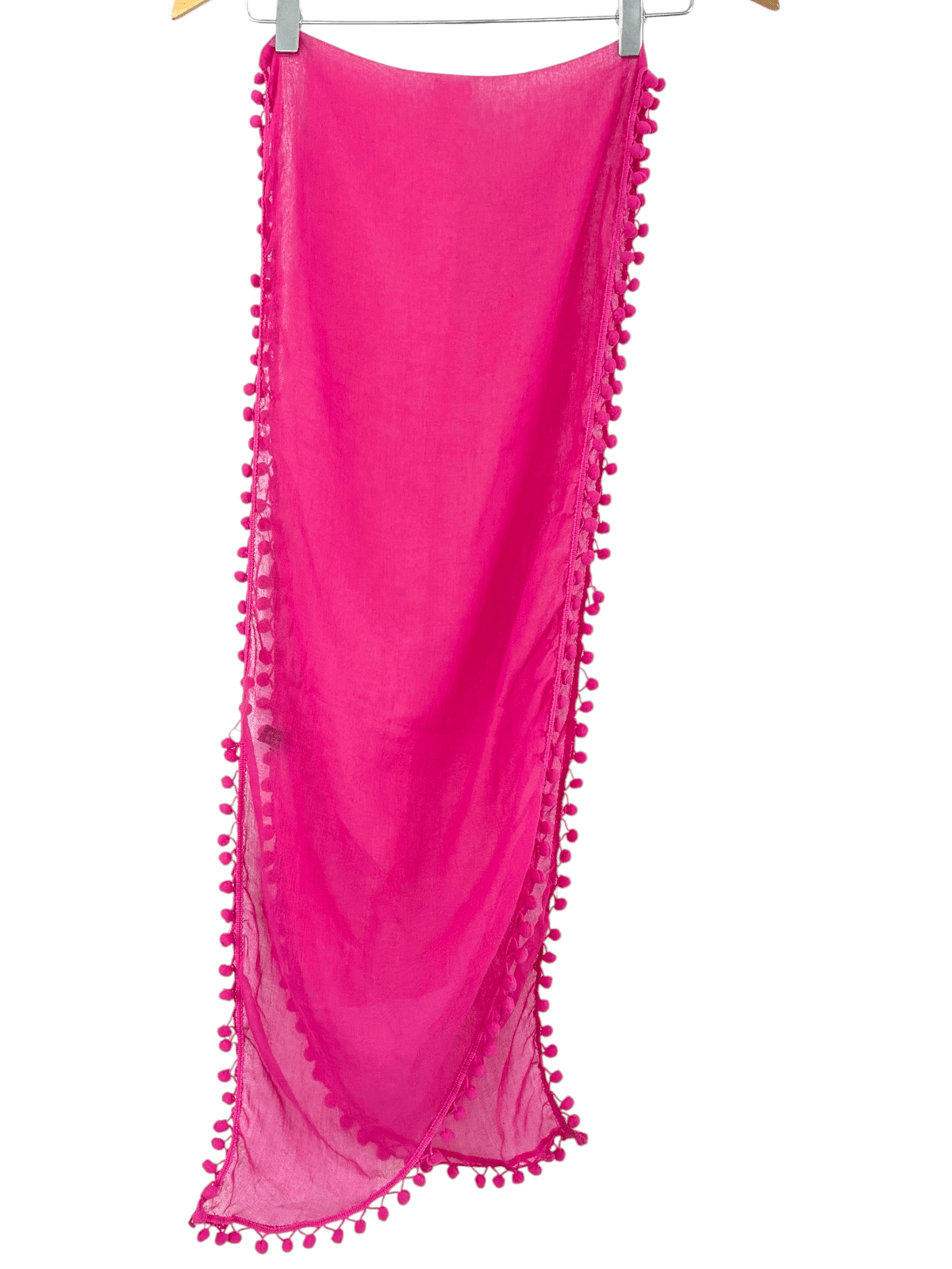 Bright Spring dragonfruit pink woven pom pom scarf