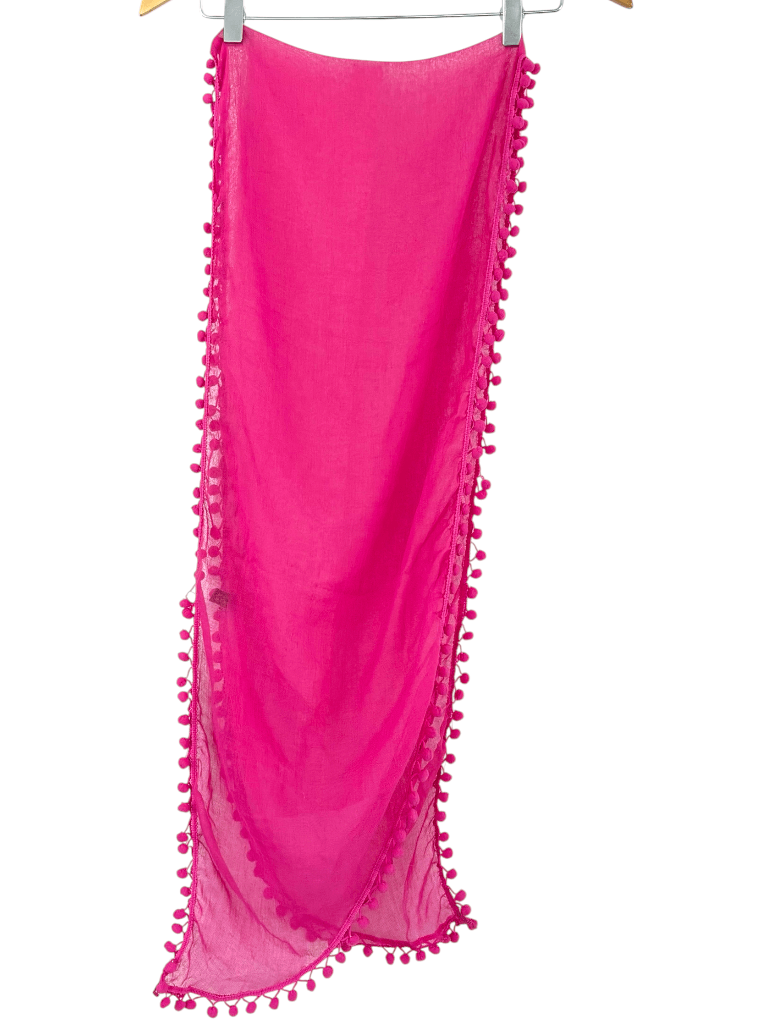 Bright Spring dragonfruit pink woven pom pom scarf