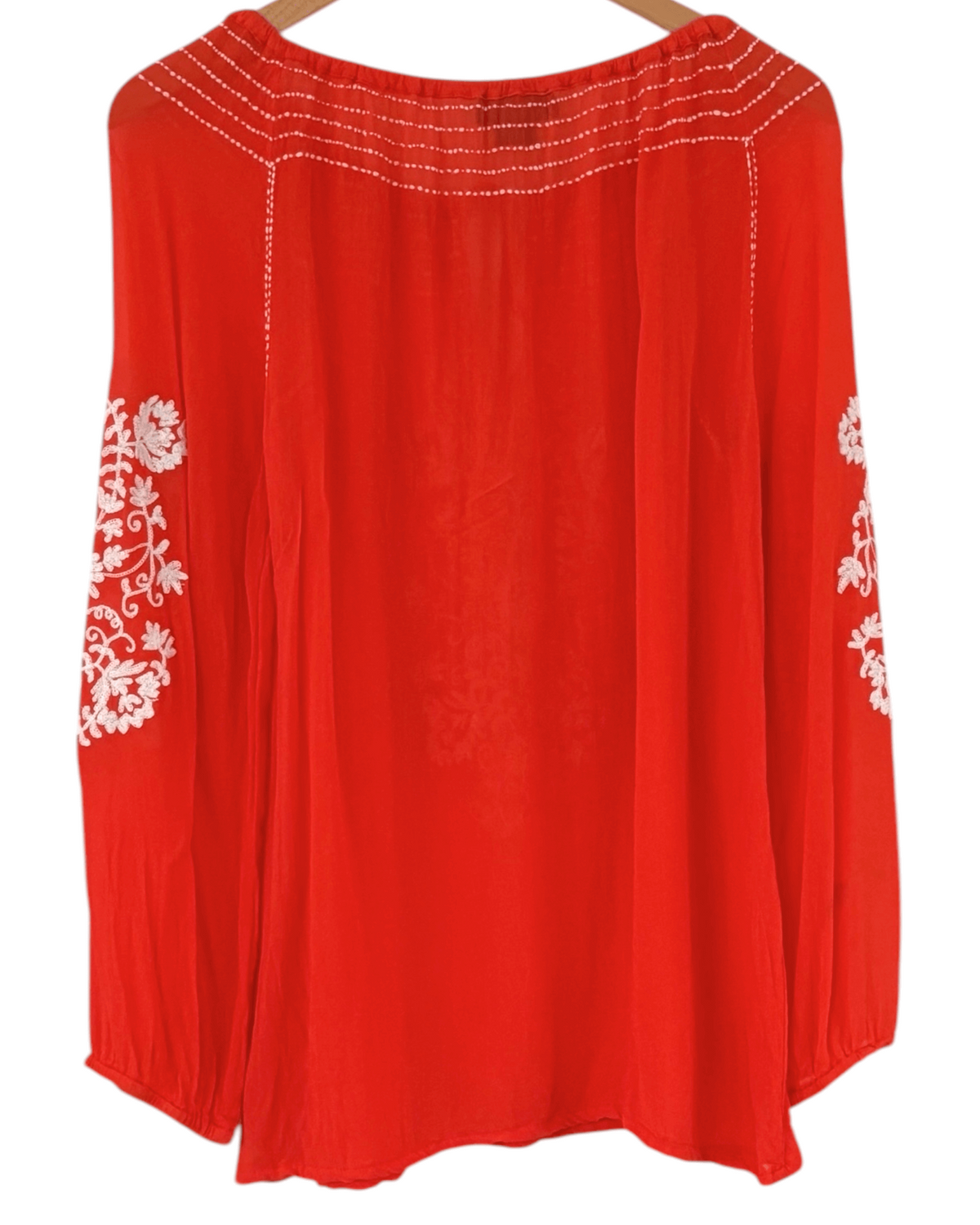 Bright Spring KAREN KANE papaya embroidered tassel tie blouse 