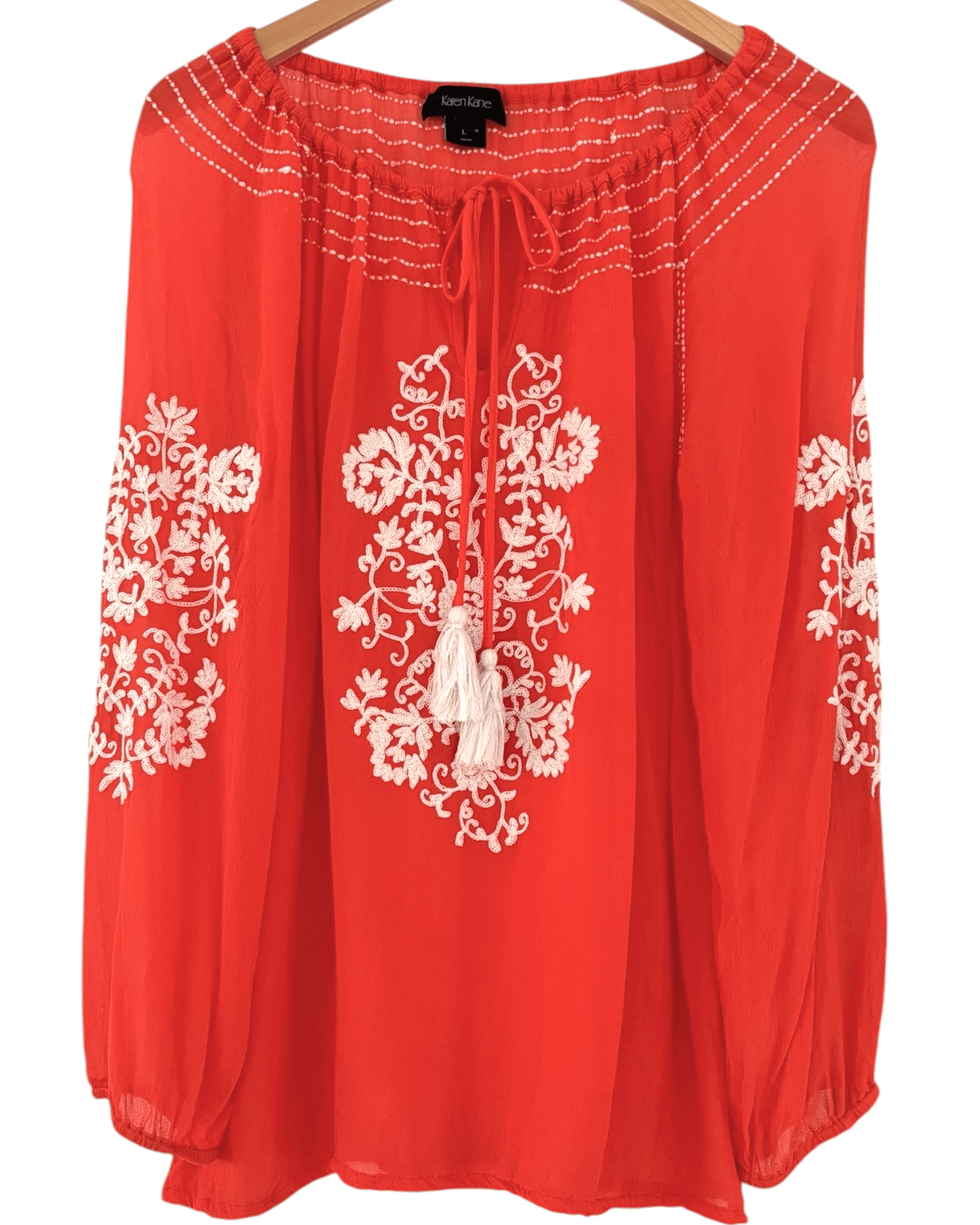 Bright Spring KAREN KANE papaya embroidered tassel tie blouse 