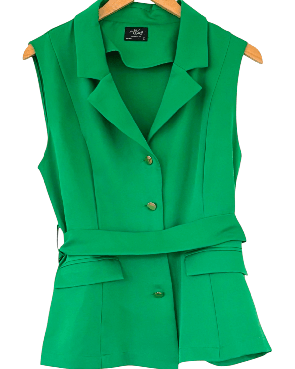 Bright Spring MILK &amp; HONEY paradise green belted sleeveless blazer