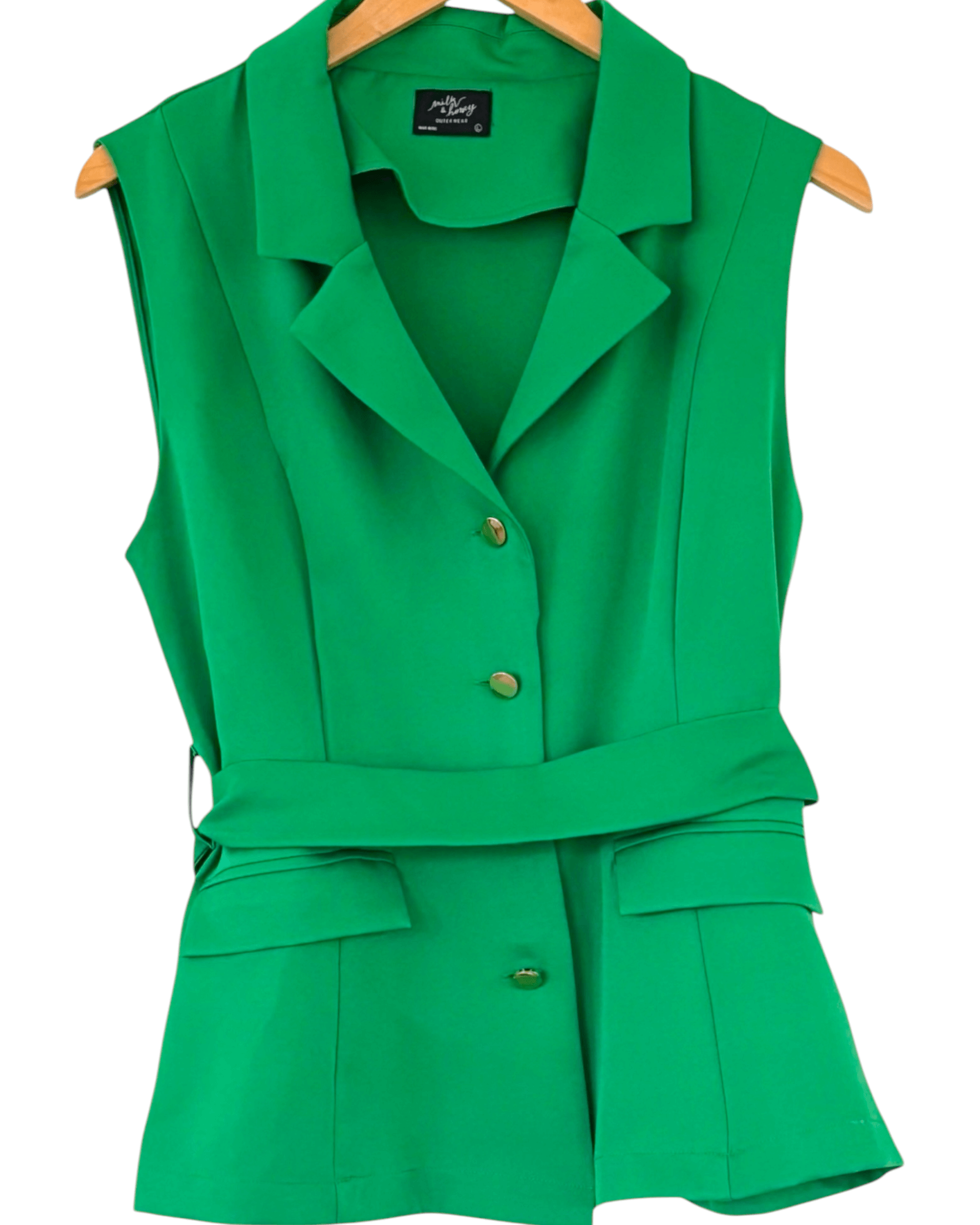 Bright Spring MILK & HONEY paradise green belted sleeveless blazer