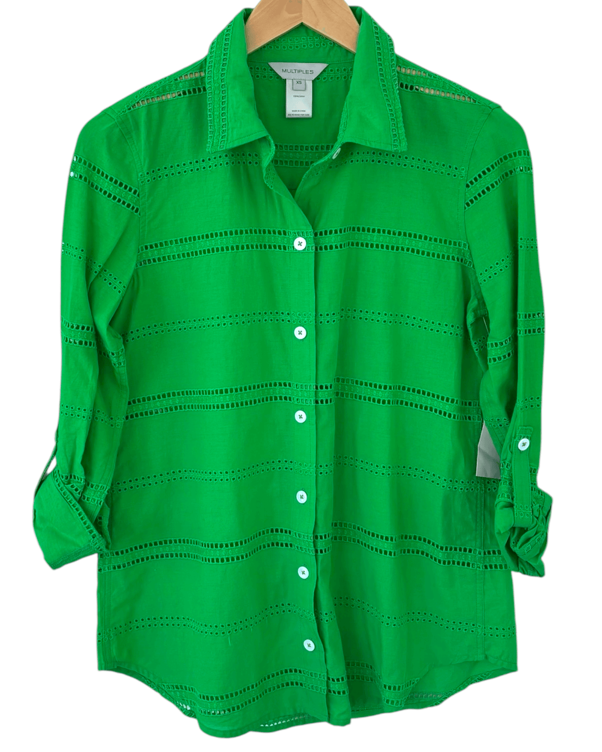 Bright Spring MULTIPLES reviving eyelet roll-sleeve button-down shirt