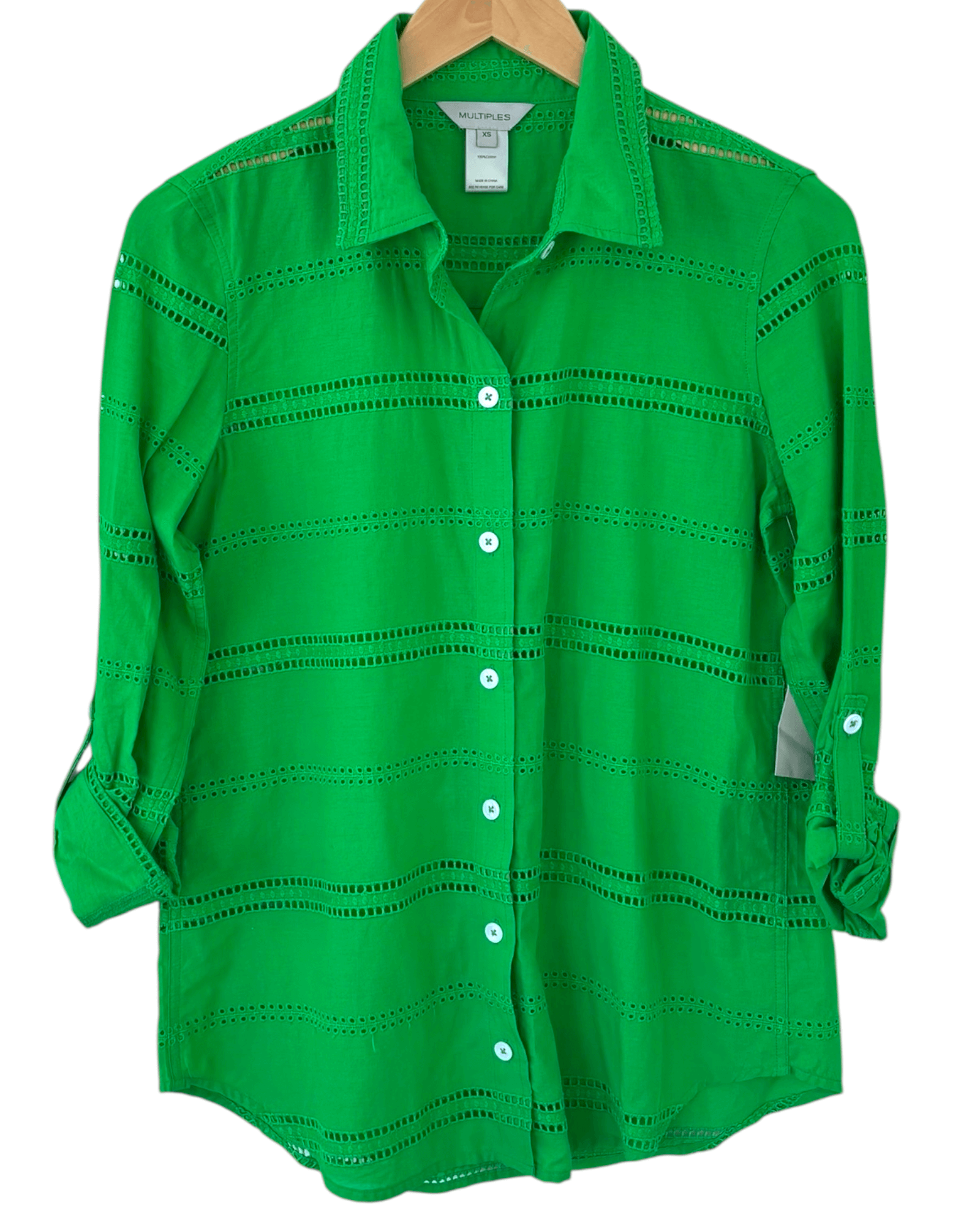 Bright Spring MULTIPLES reviving eyelet roll-sleeve button-down shirt
