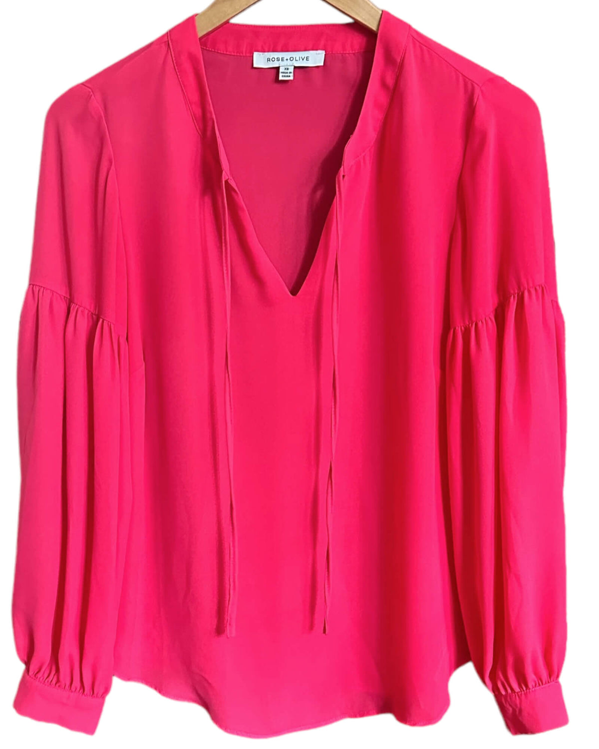 Bright Spring ROSE+OLIVE dragonfruit pink split neck tie front blouse 