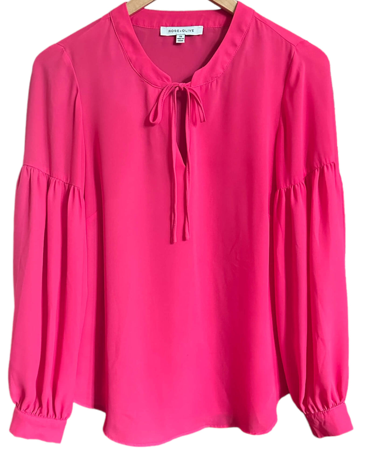 Bright Spring ROSE+OLIVE dragonfruit pink split-neck tie front blouse