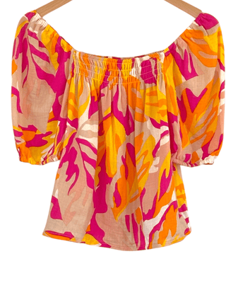 Bright Spring Splash Print Puff Sleeve Blouse
