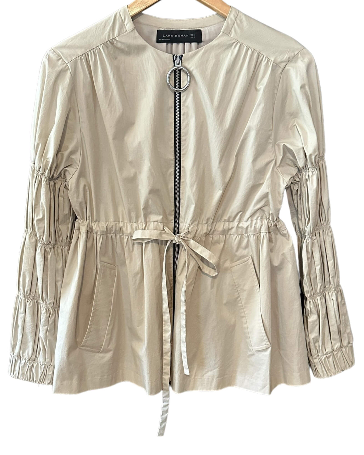 Bright Spring ZARA sand tan tiered puff sleeve jacket