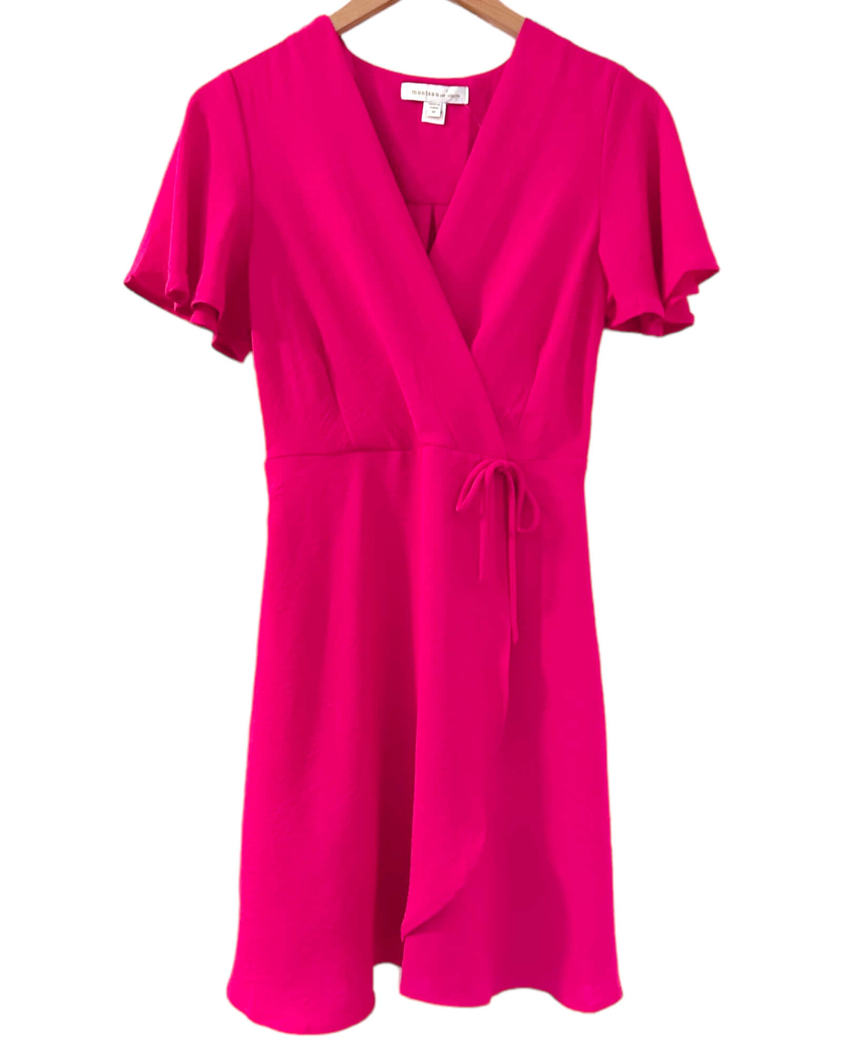 Bright Spring MONTEAU shocking rose faux wrap v-neck flutter sleeve dress