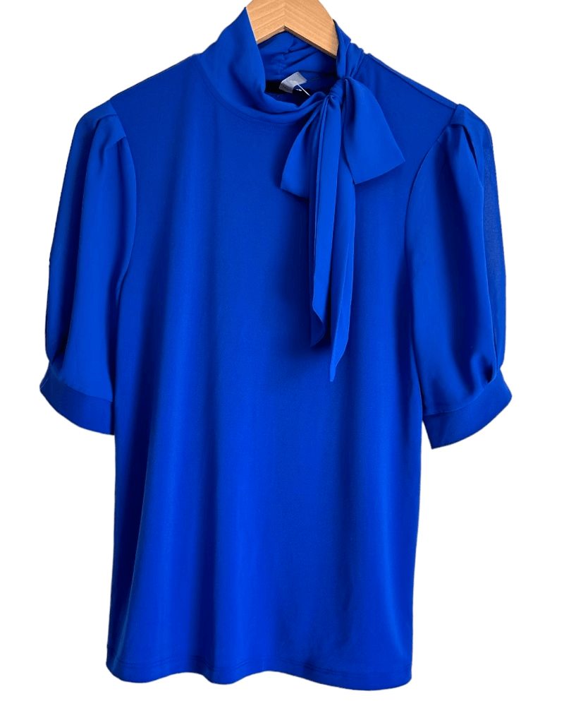 Bright Winter angel fish blue CABLE & GAUGE tie neck blouse