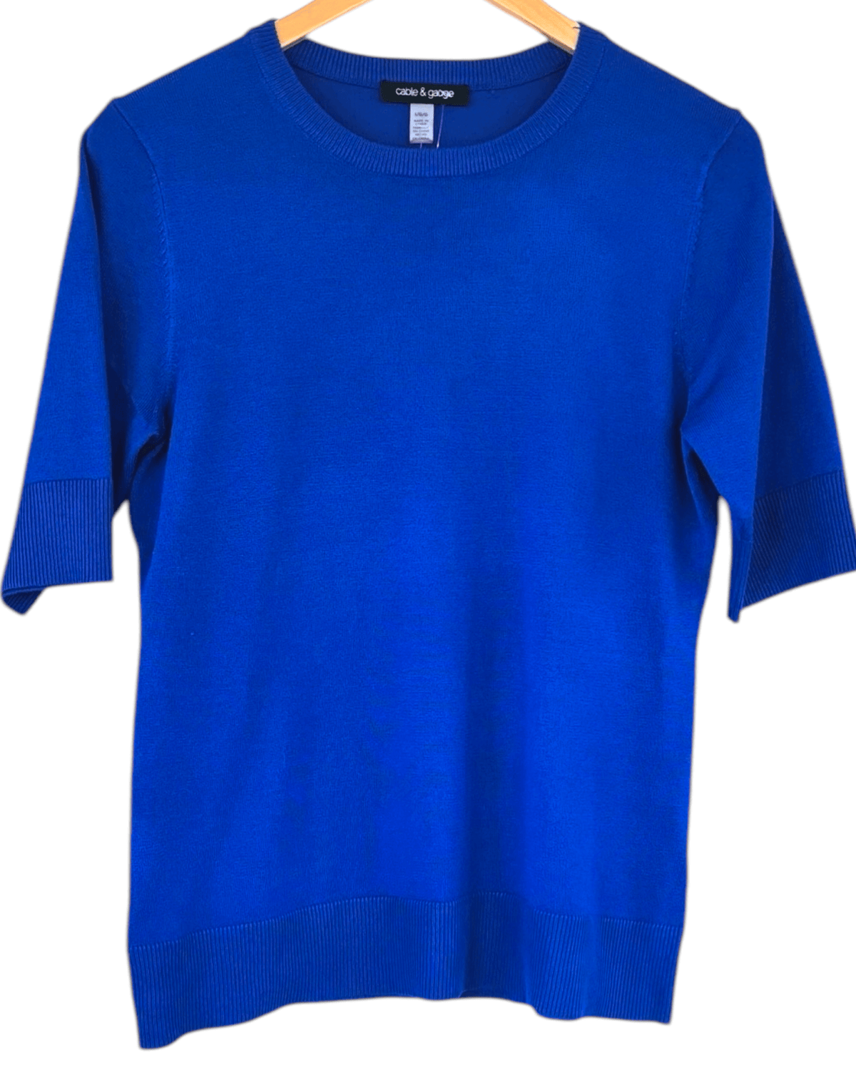 Bright Winter CABLE AND GAUGE cobalt blue short sleeve crewneck sweater