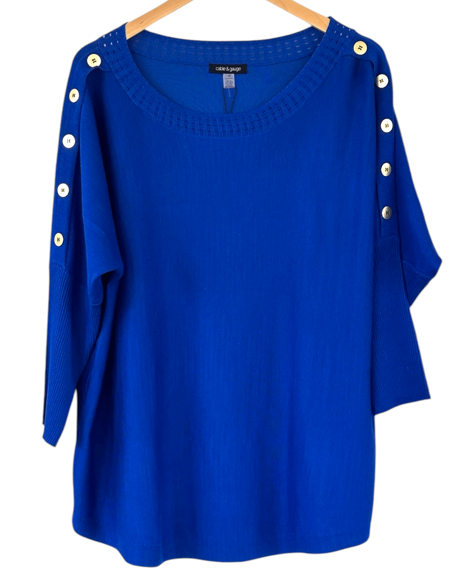 Bright Winter CABLE AND GAUGE sizzling blue button sleeve sweater