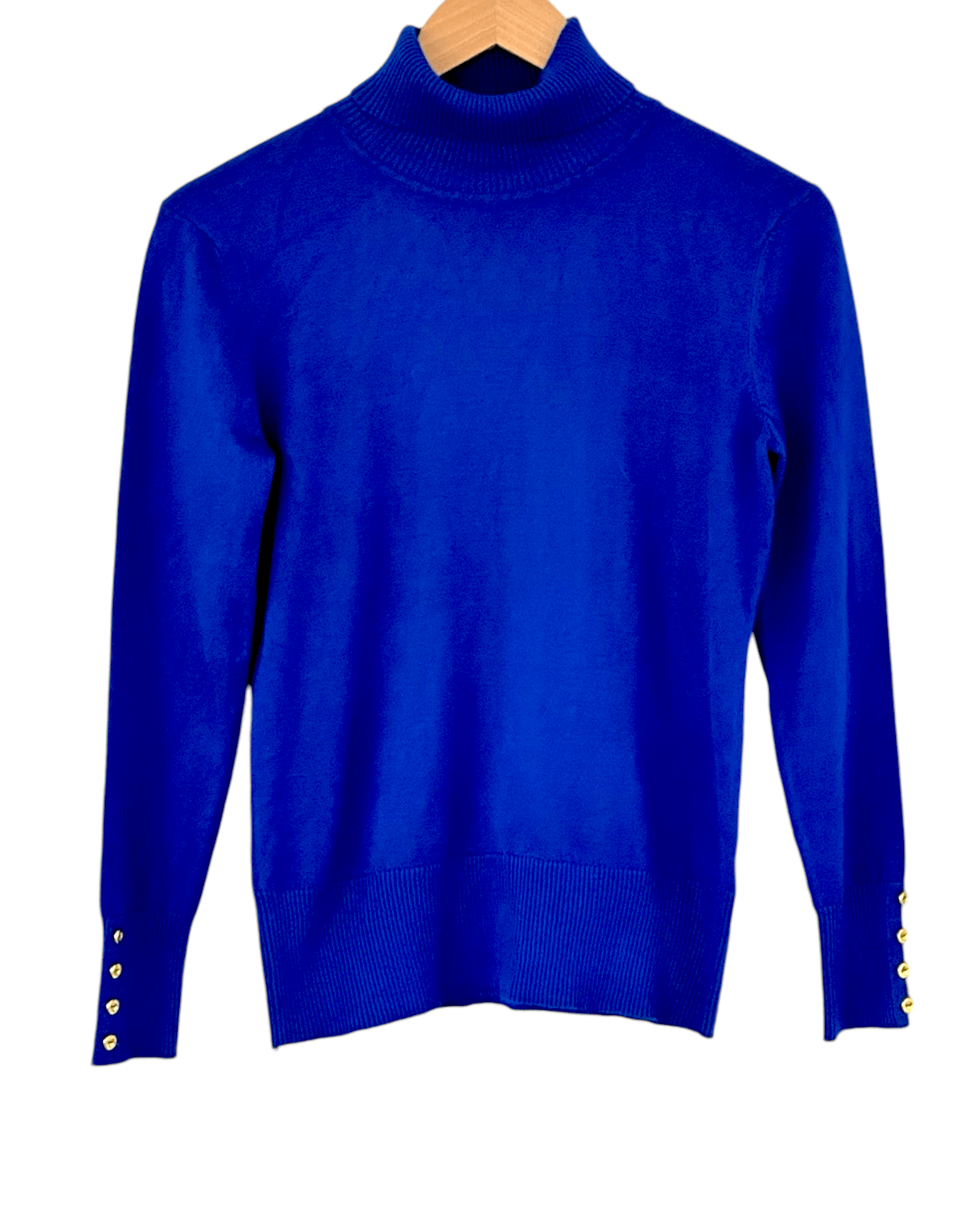 Bright Winter CABLE & GAUGE vibrant blue button cuff turtleneck sweater