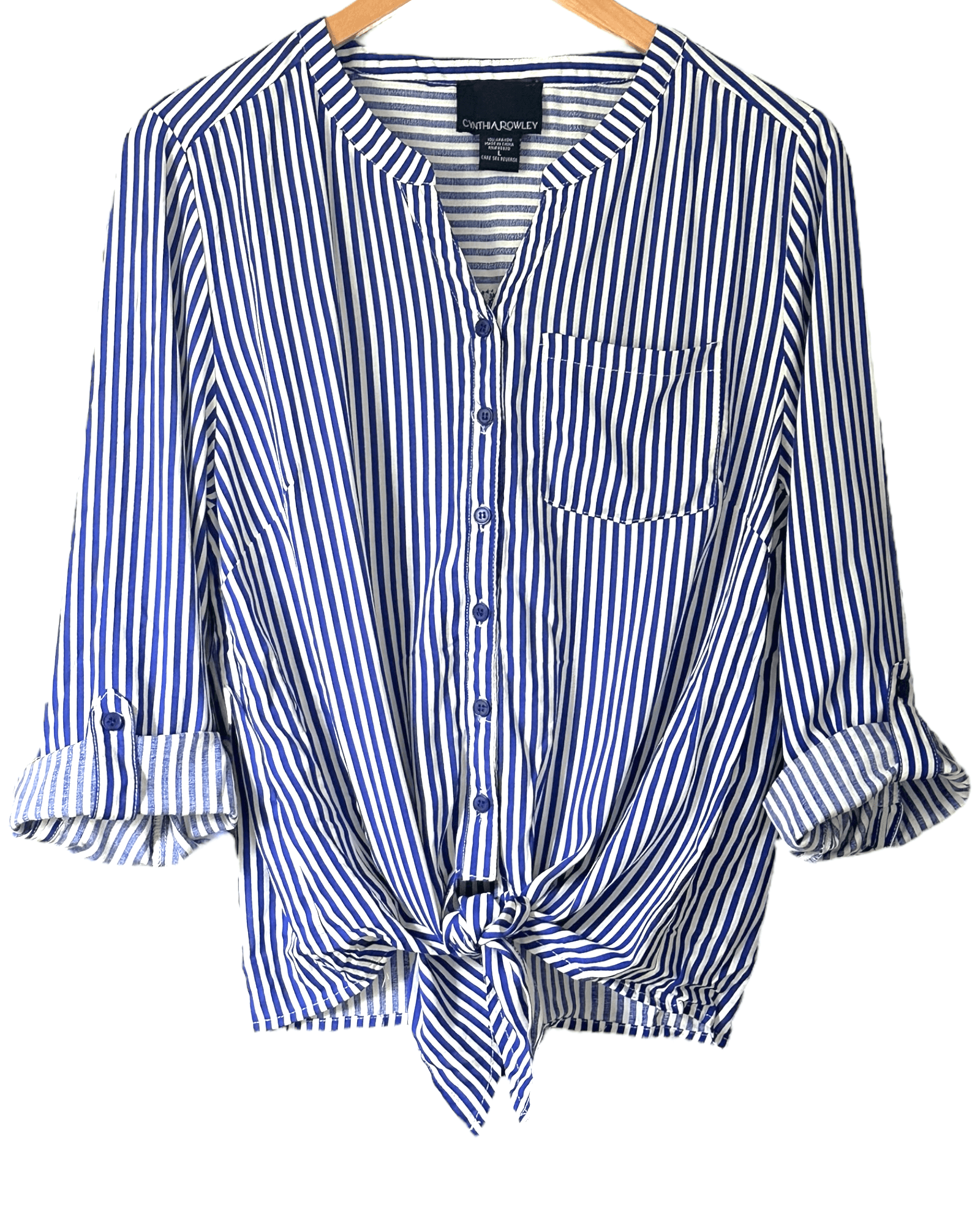 Bright Winter CYNTHIA ROWLEY blue and white stripe roll sleeve tie front shirt