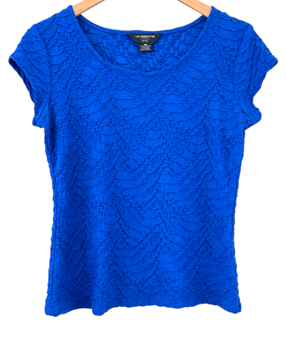Bright Winter LIZ CLAYBORNE zircon blue crinkle stretch cap sleeve top