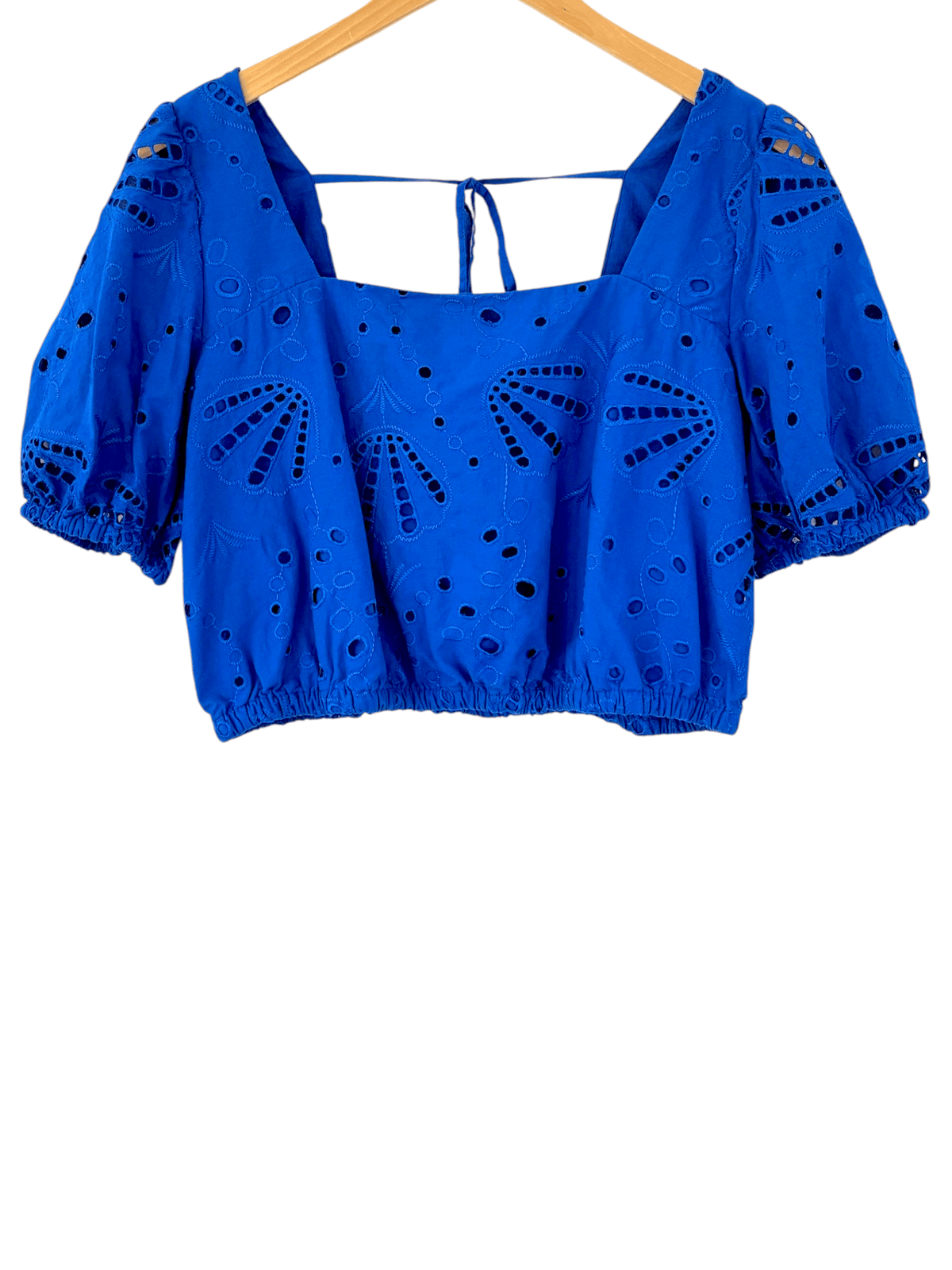 Bright Winter LOFT spangle blue eyelet tie-back square neck blouse