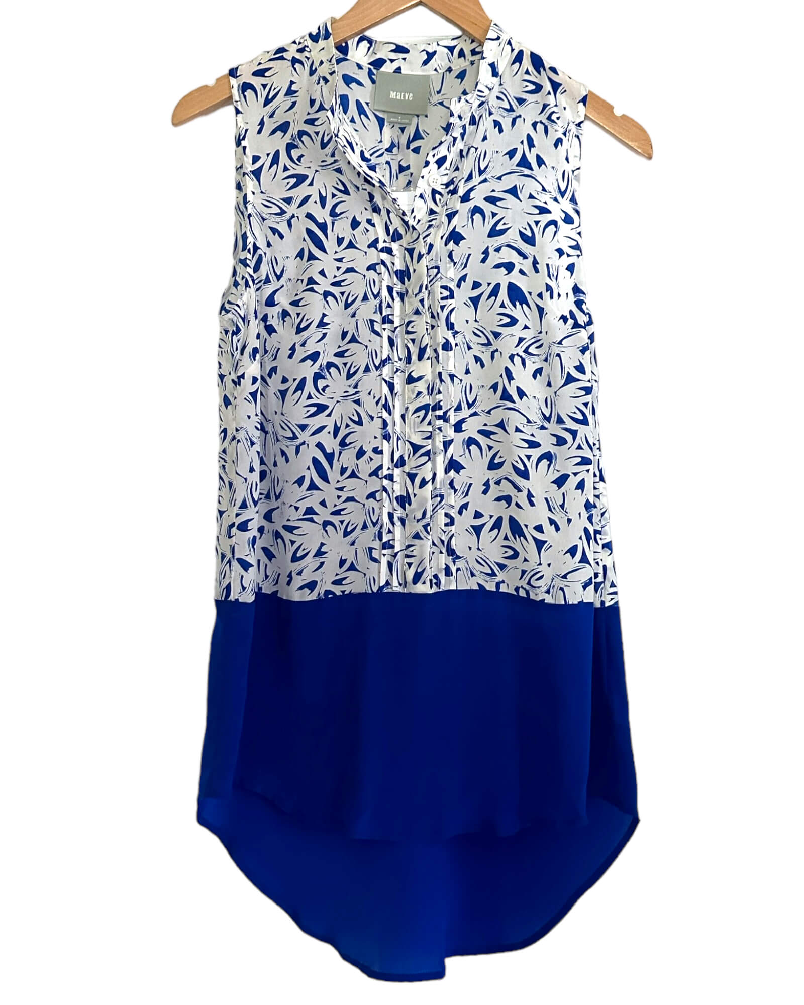 Bright Winter MAEVE for ANTHROPOLOGIE block print white and blue silk sleeveless top  tunic