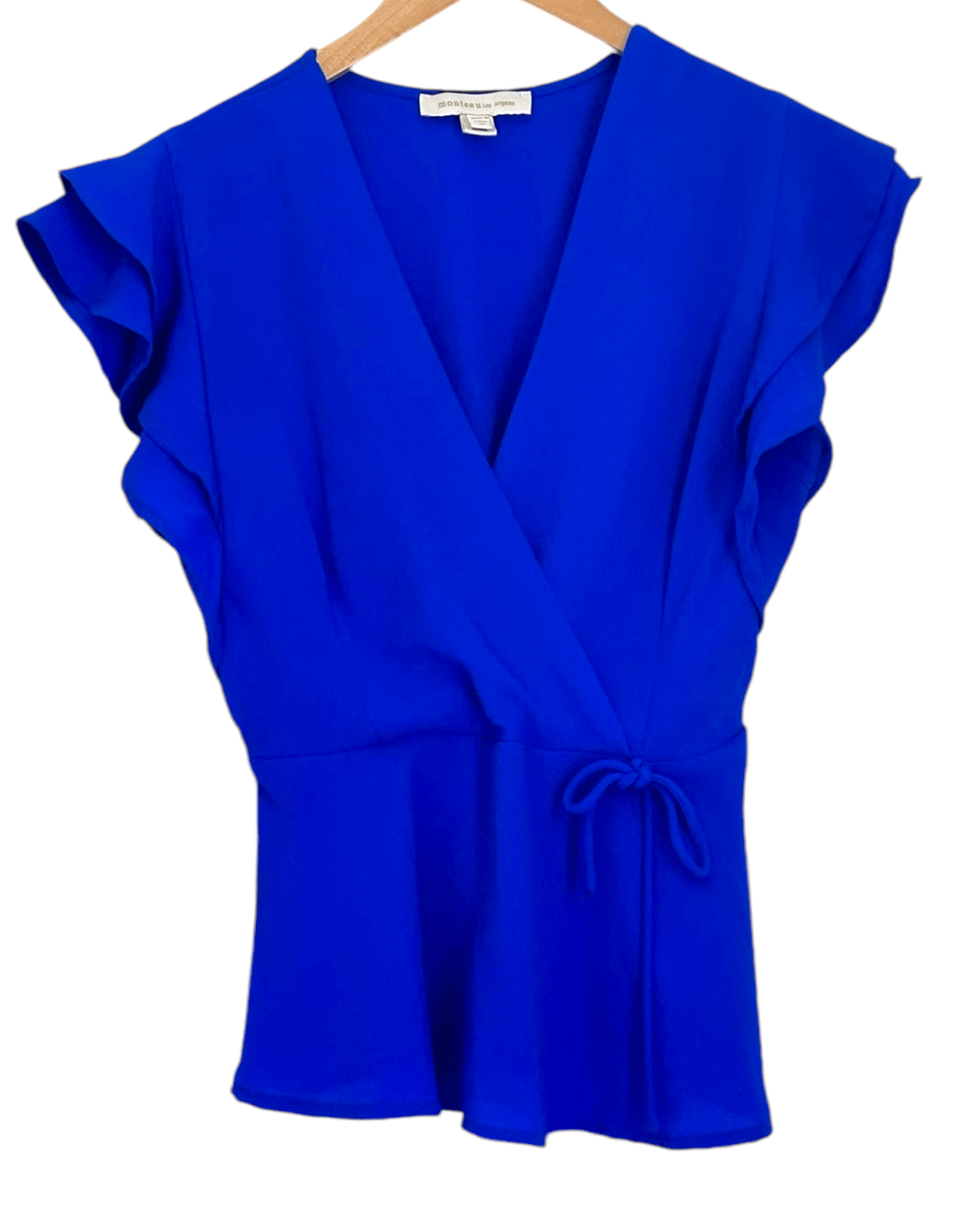 Bright Winter MONTEAU cobalt faux wrap flutter sleeve top