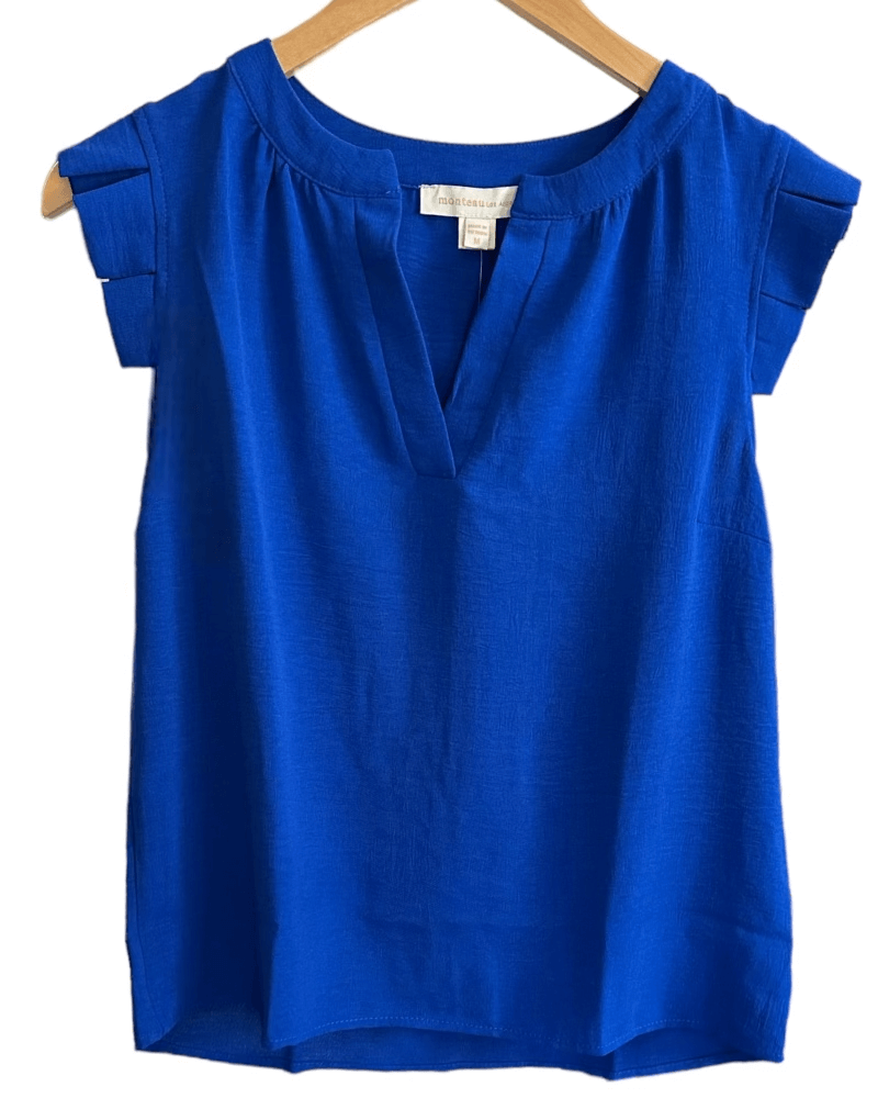 Bright Winter MONTEAU cobalt split-neck pleated top