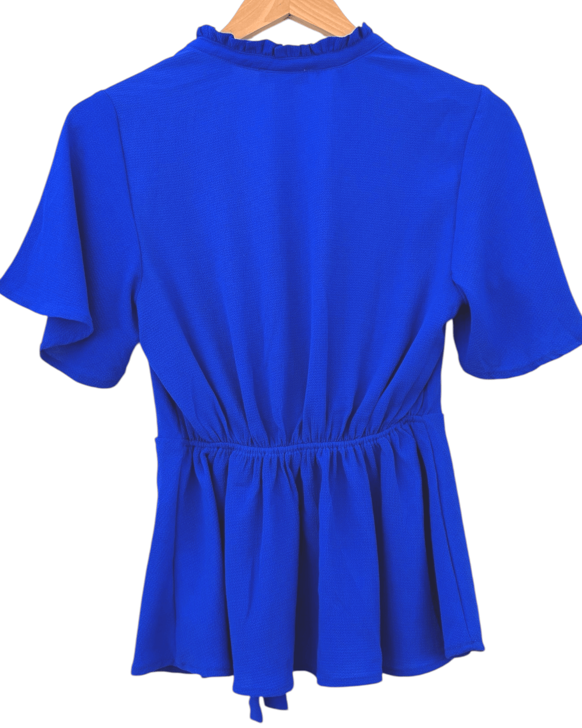 Bright Winter MONTEAU electric blue faux wrap deep-v blouse