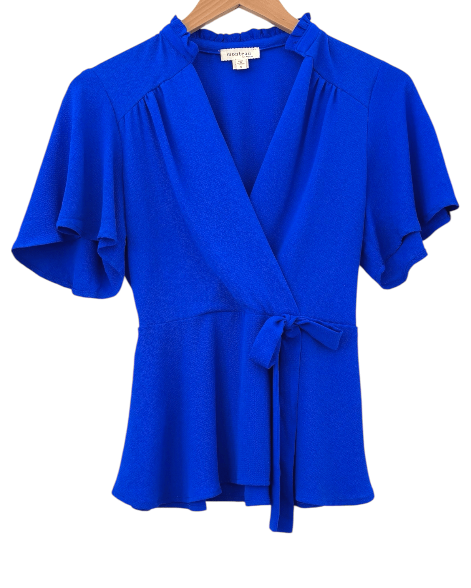 Bright Winter MONTEAU electric blue faux wrap deep-v blouse
