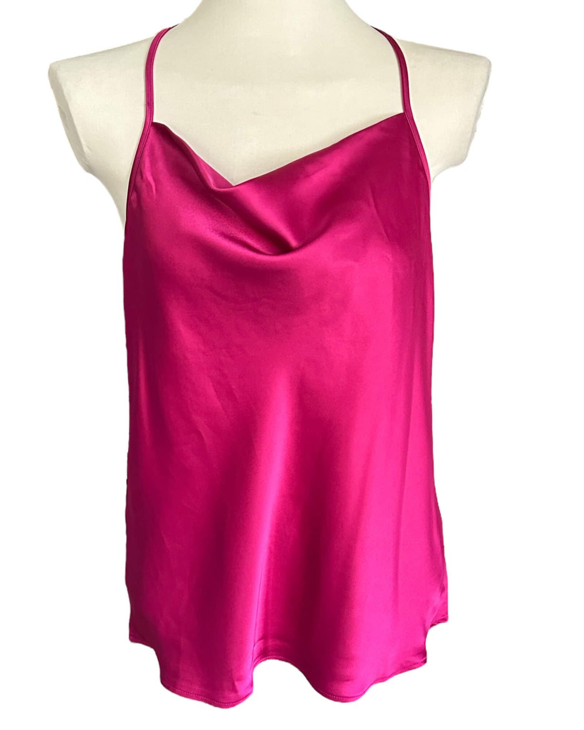 Bright Winter PLEIONE hot pink draped racerback satin top