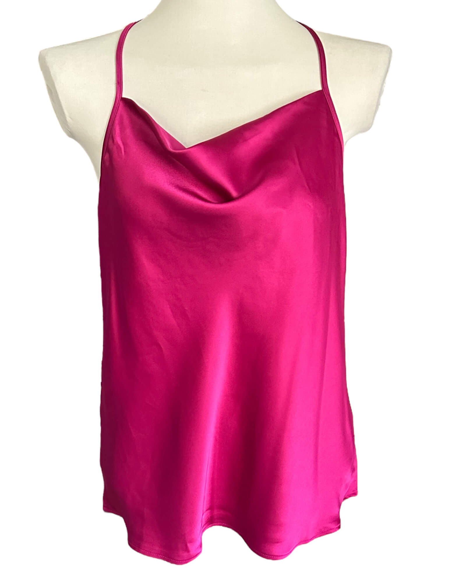 Bright Winter PLEIONE hot pink draped racerback satin top