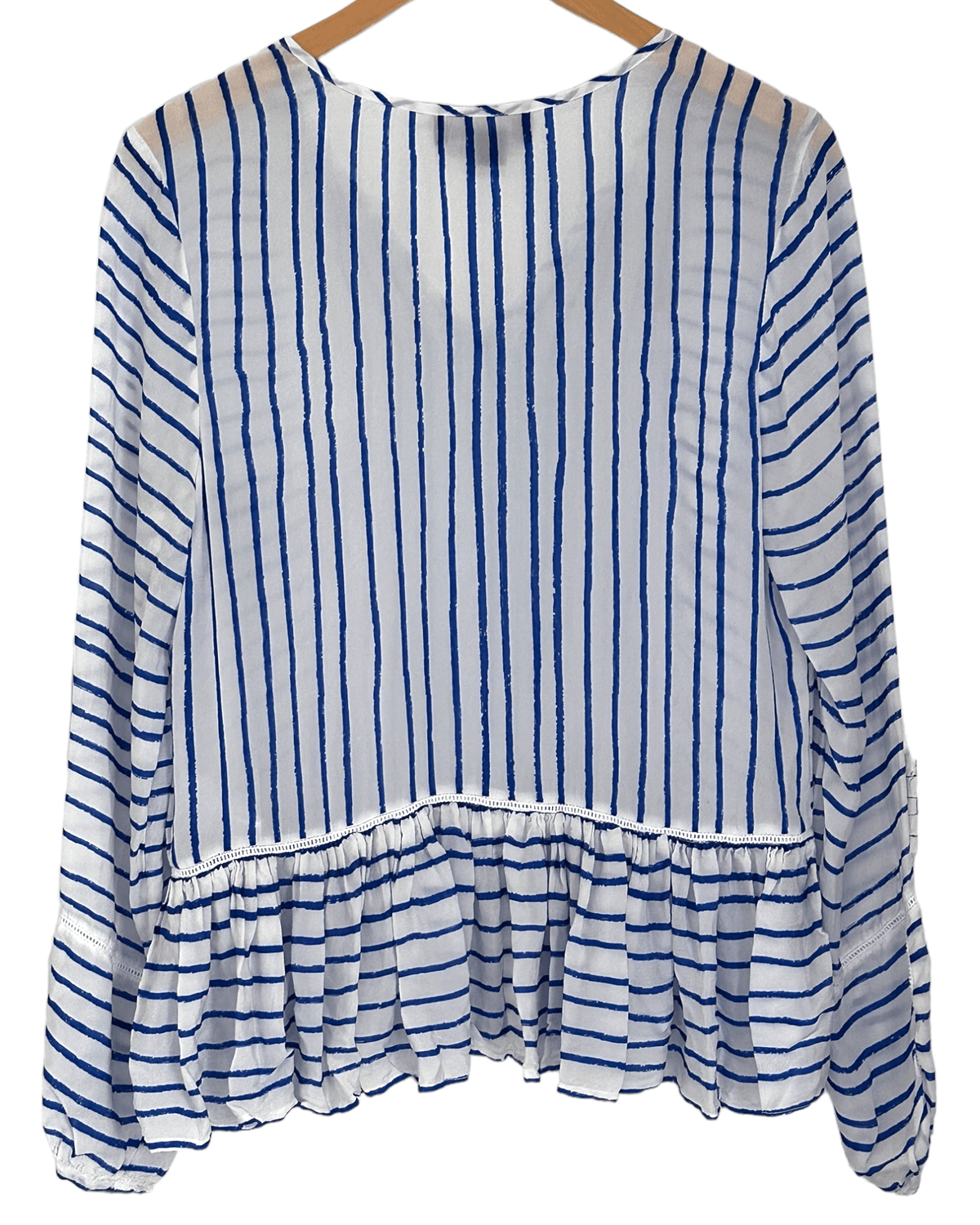Bright Winter RDALAMAL ANTHROPOLOGIE watercolor stripe ruffle hem blouse top
