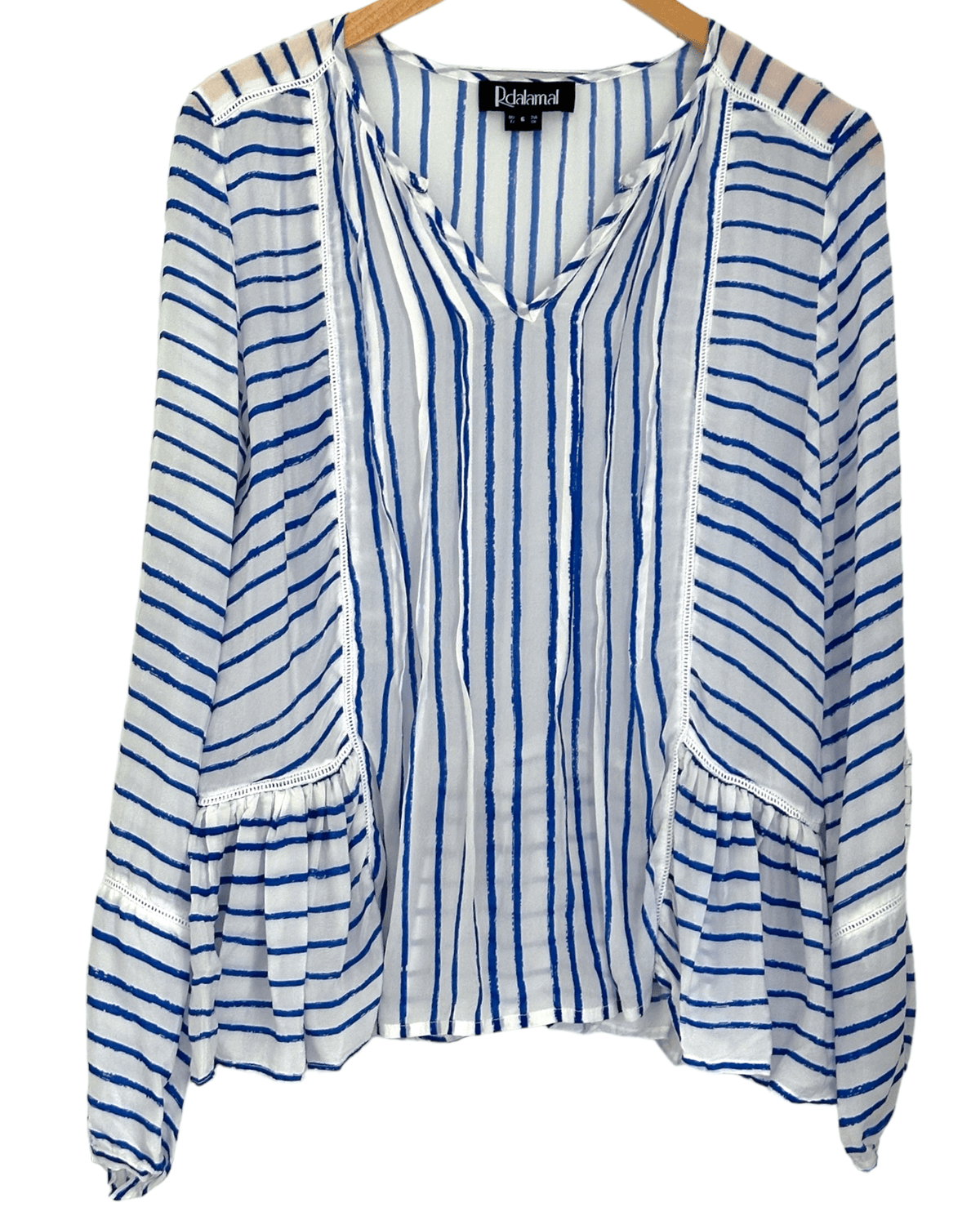 Bright Winter RDALAMAL ANTHROPOLOGIE watercolor stripe ruffle hem blouse