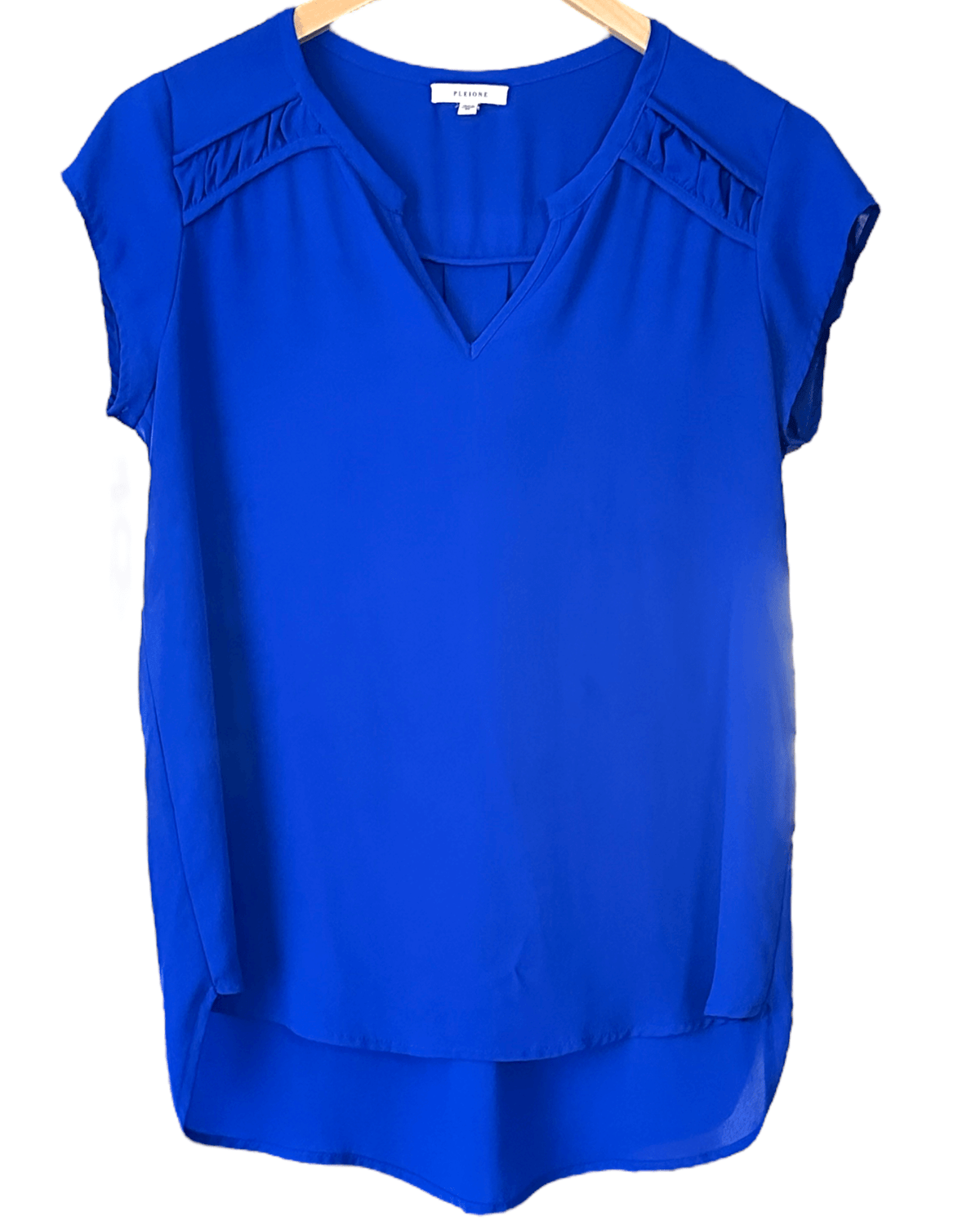 Bright Winter PLEIONE royal blue cap sleeve split neck blouse