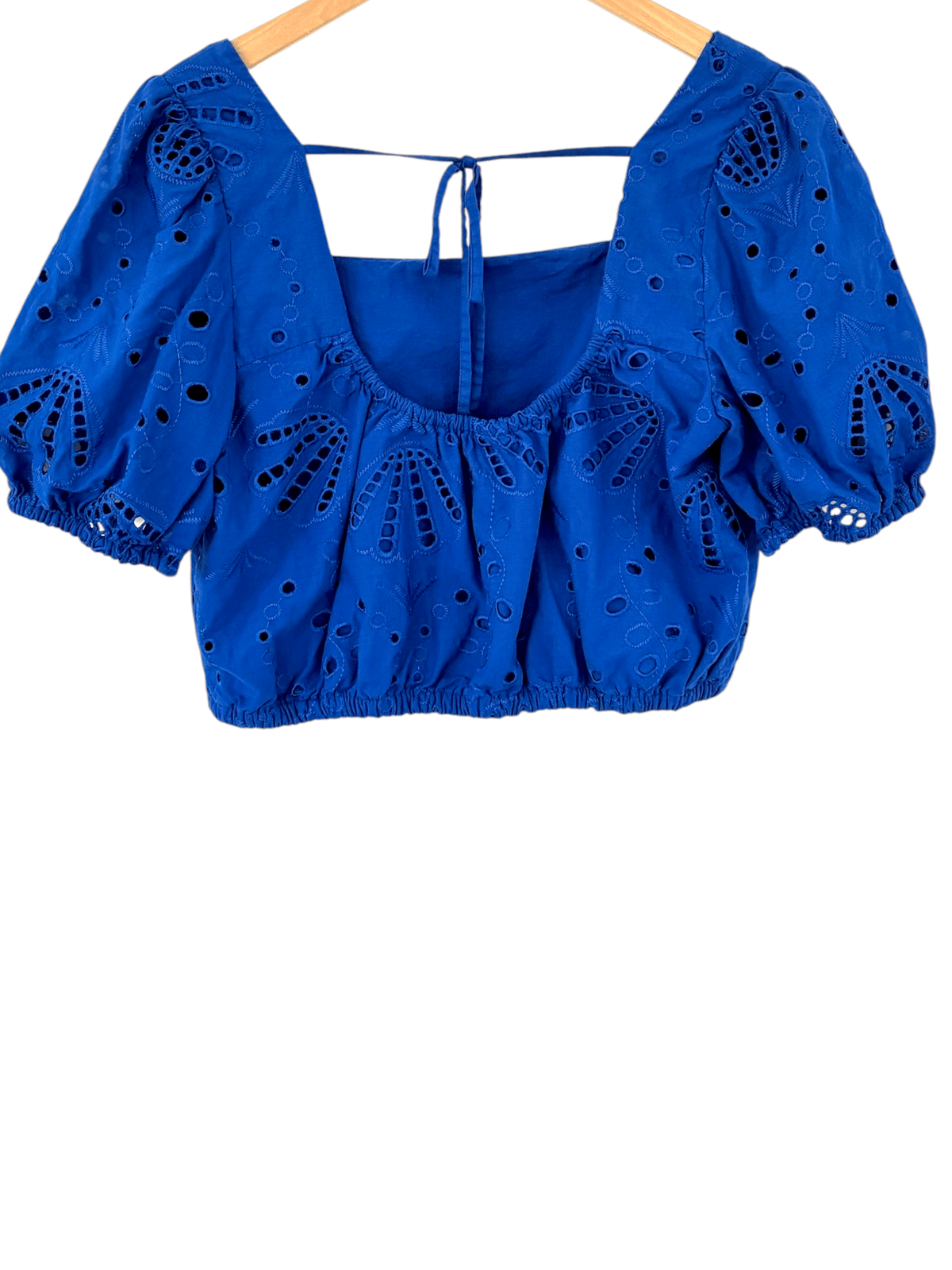 Bright Winter LOFT spangle blue eyelet tie-back square neck blouse