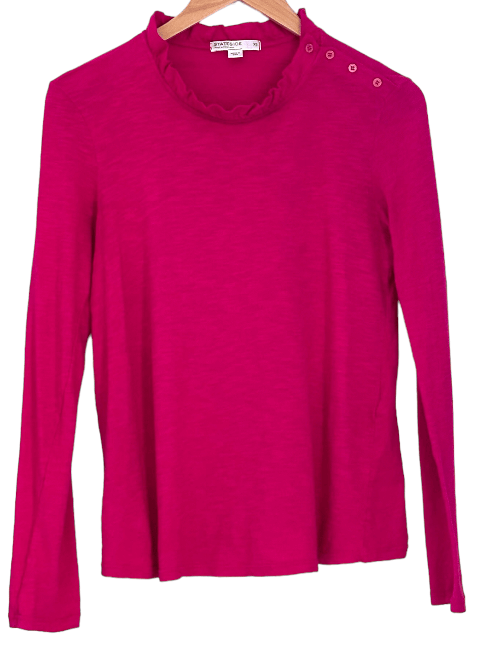 Bright Winter STATESIDE for ANTHROPOLOGIE berry pink ruffle neck button shoulder knit top