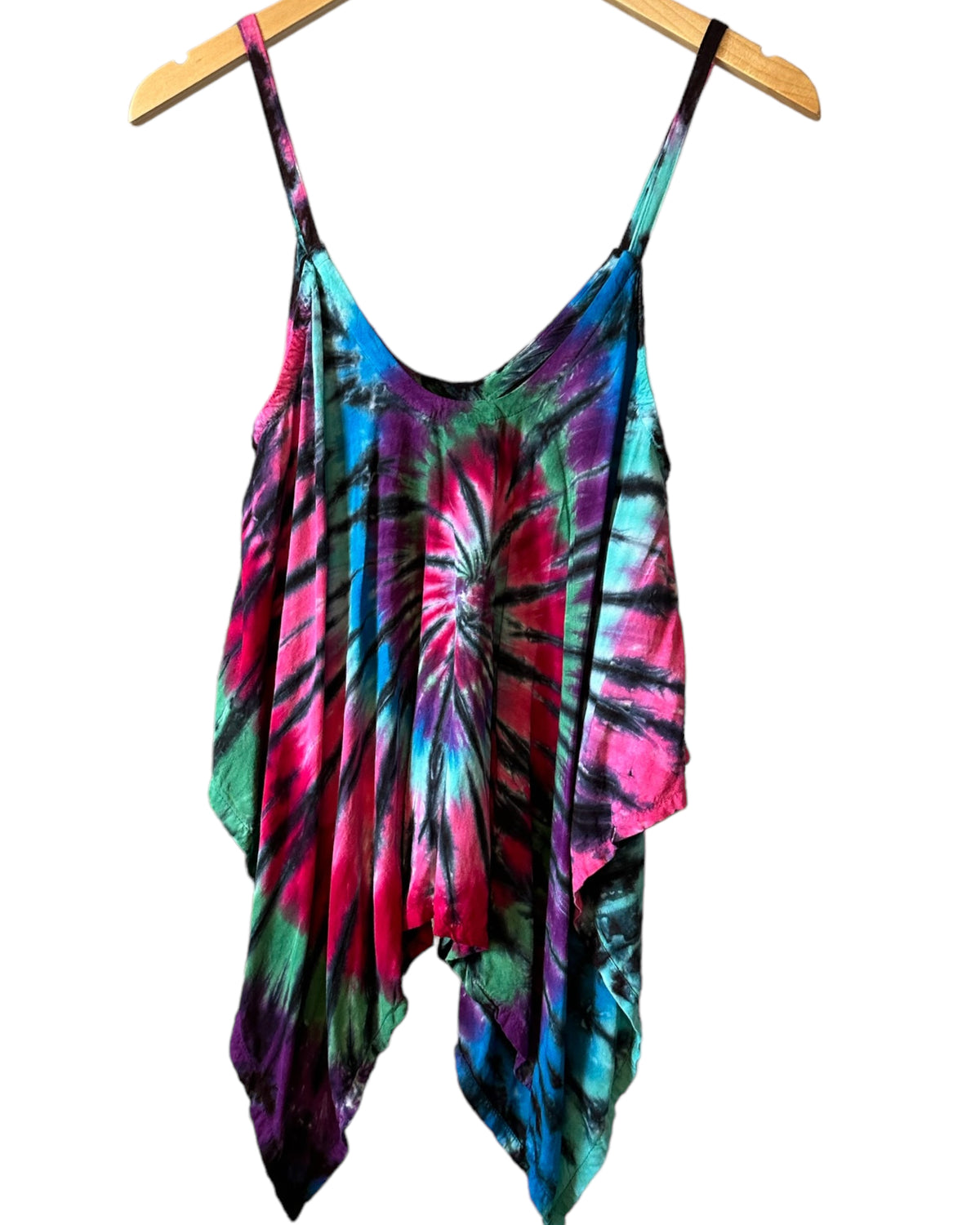Bright Winter tie-dye DHARMA handkerchief hem swing top