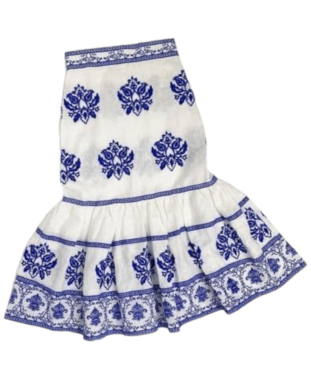 Bright Winger ZARA blue and white embroidered linen midi-skirt