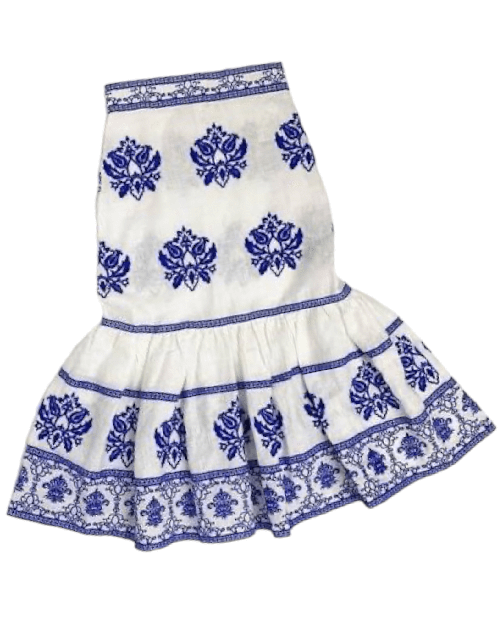 Bright Winger ZARA blue and white embroidered linen midi-skirt