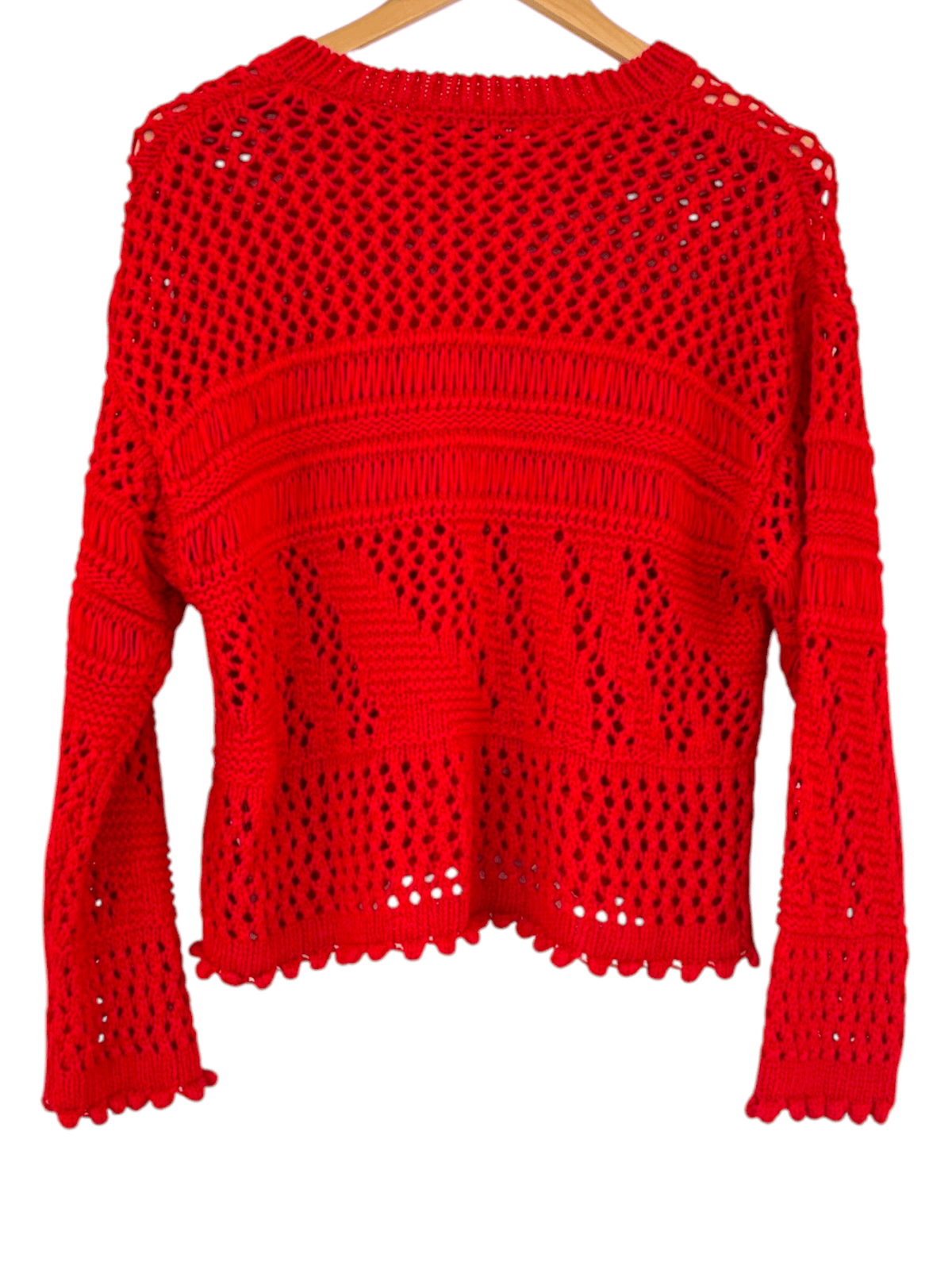 Bright Winter ZARA candy apple contrast open knit crewneck sweater