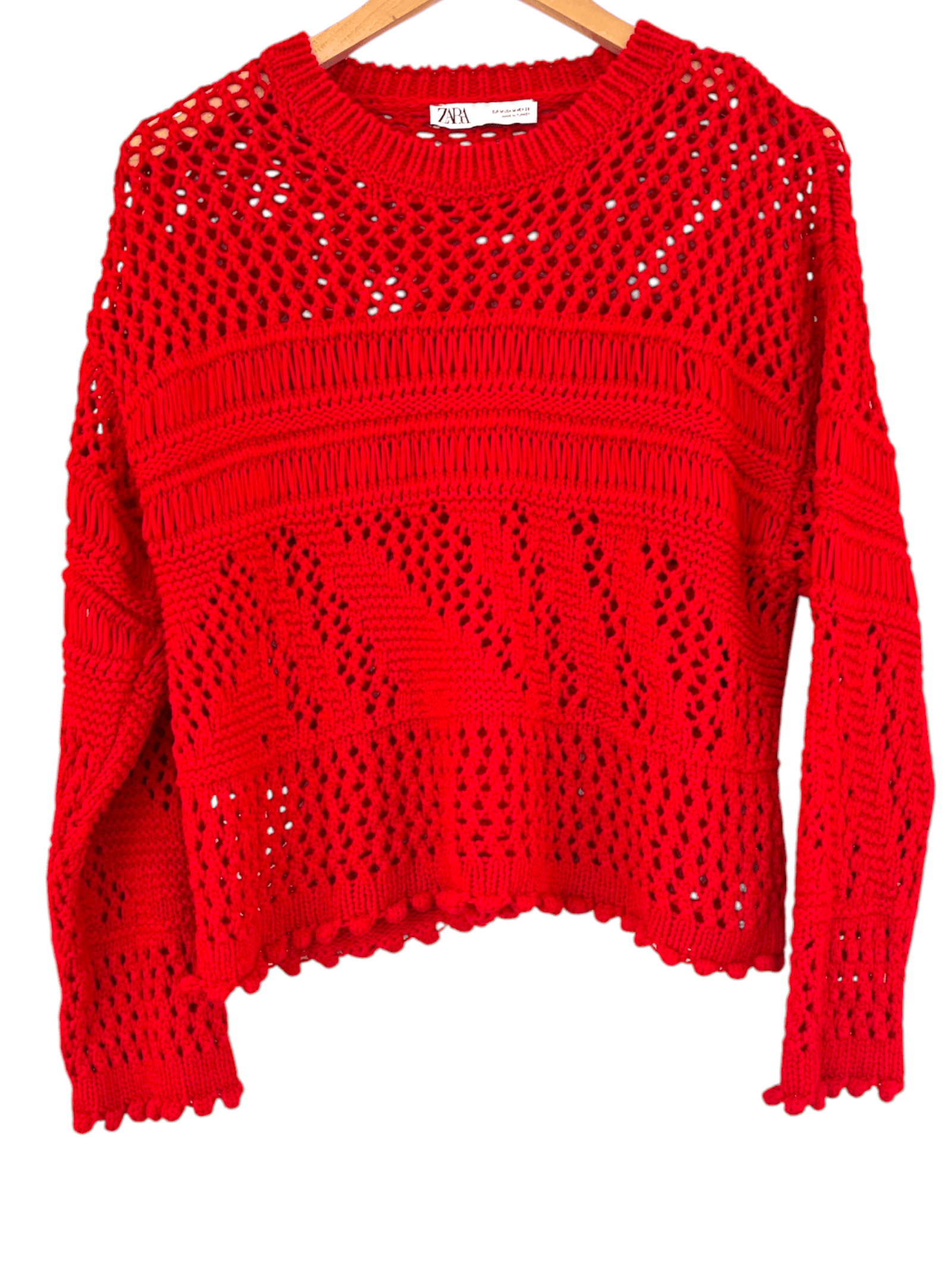 Bright Winter ZARA candy apple contrast open knit crewneck sweater
