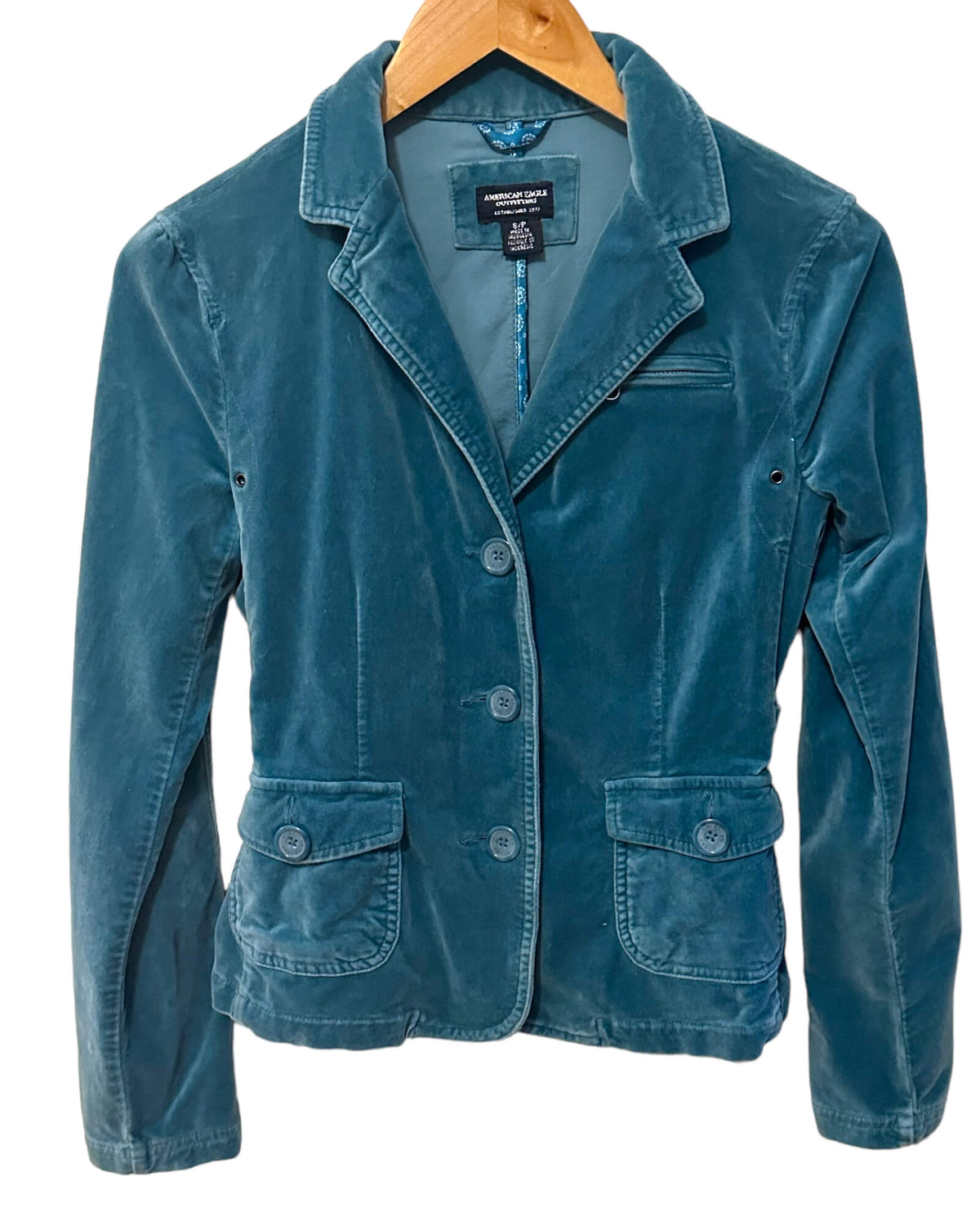 Cool Summer AMERICAN EAGLE OUTFITTERS oasis blue velvet tuxedo jacket