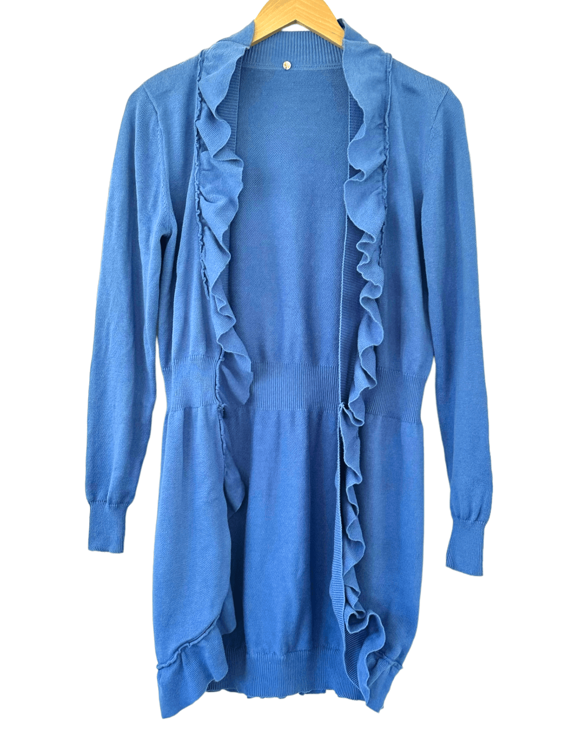 Cool Summer ANTHROPOLOGIE HAIKU ocean breeze blue cascading ruffle open cardigan