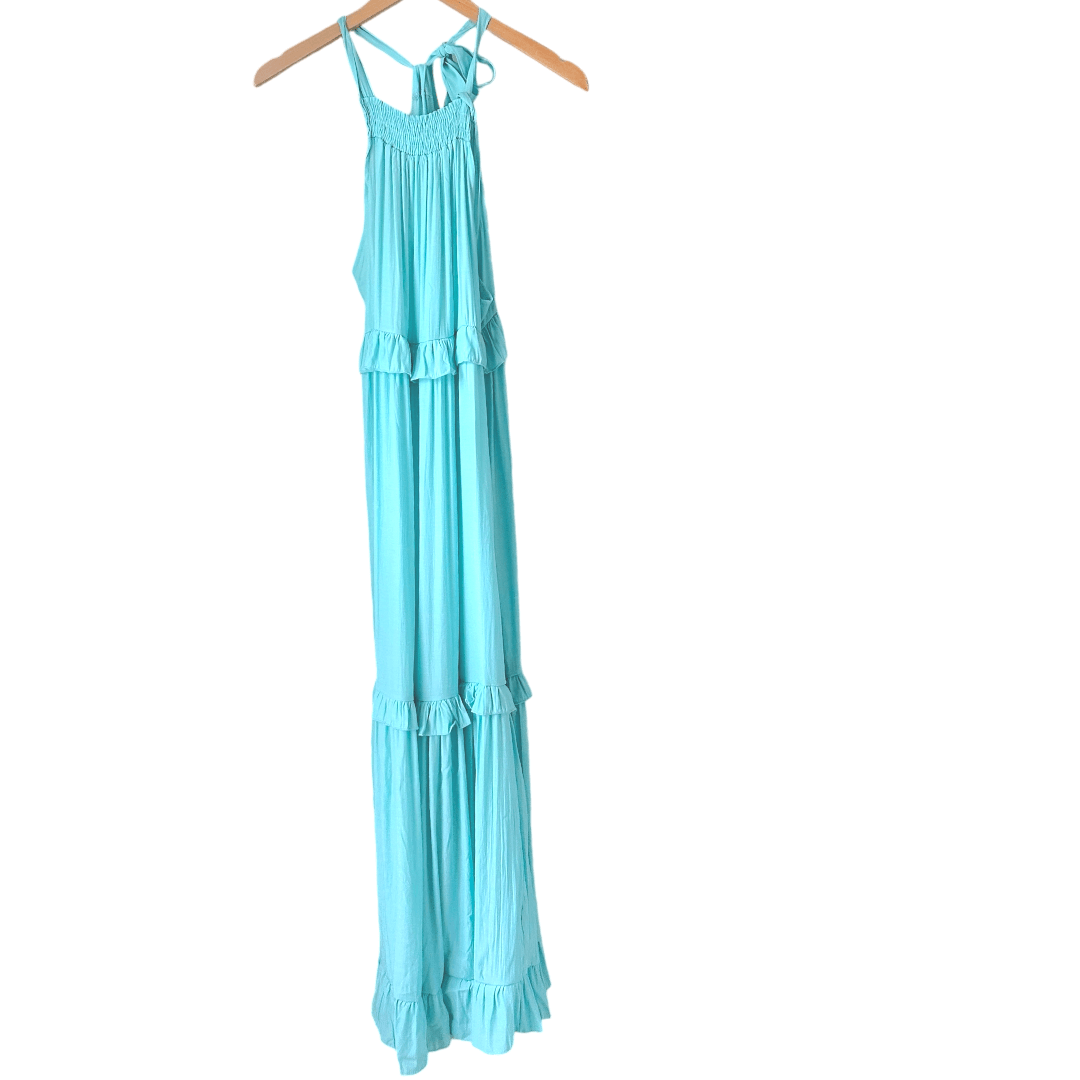 Cool Summer Azura blue tie-back ruffle maxi sundress